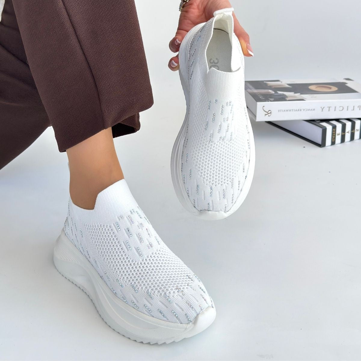 Women's White Knitted Beaded Sneakers - STREETMODE ™