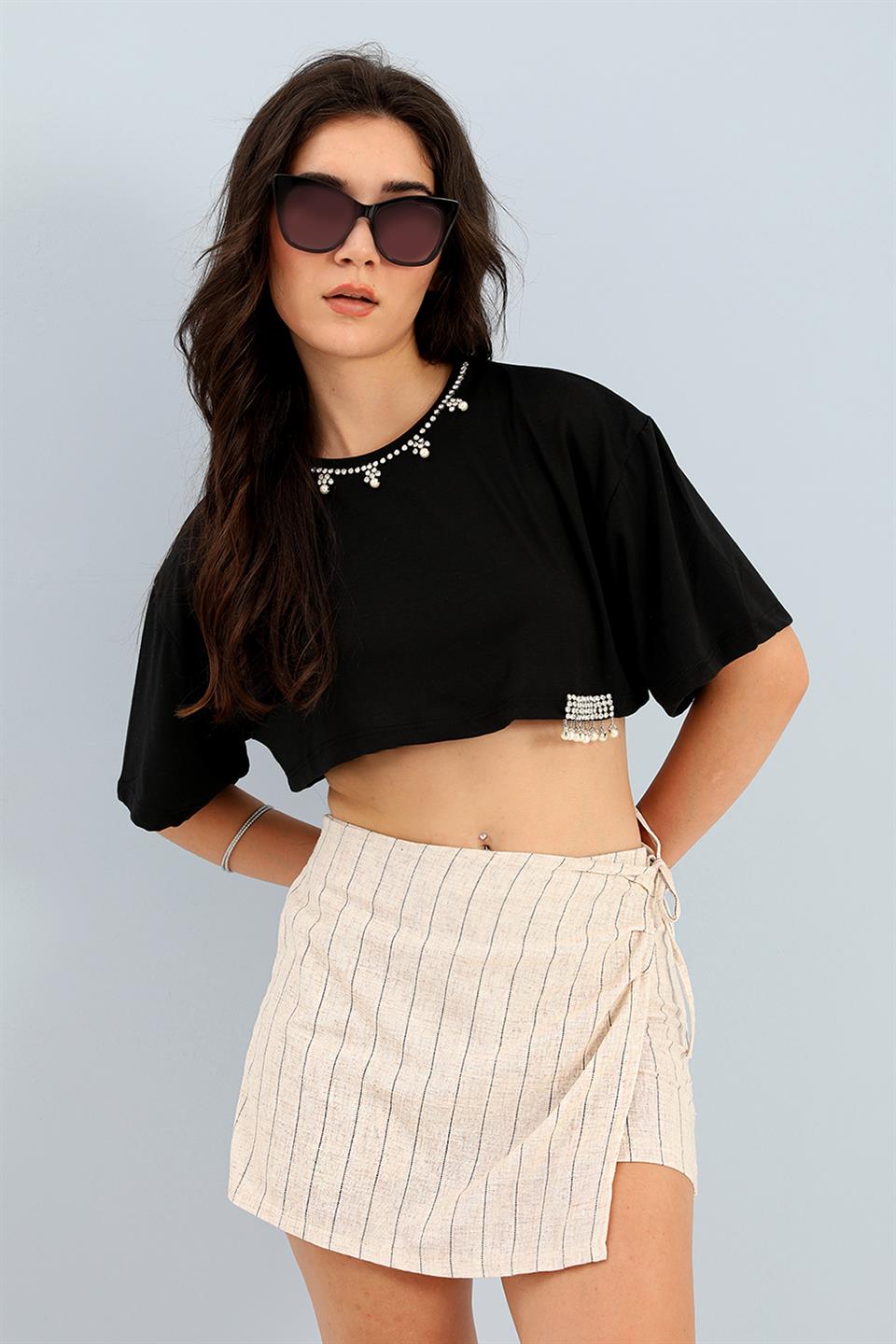 Women's Short Skirt Elastic Back Waist Striped Linen - Black - STREET MODE ™