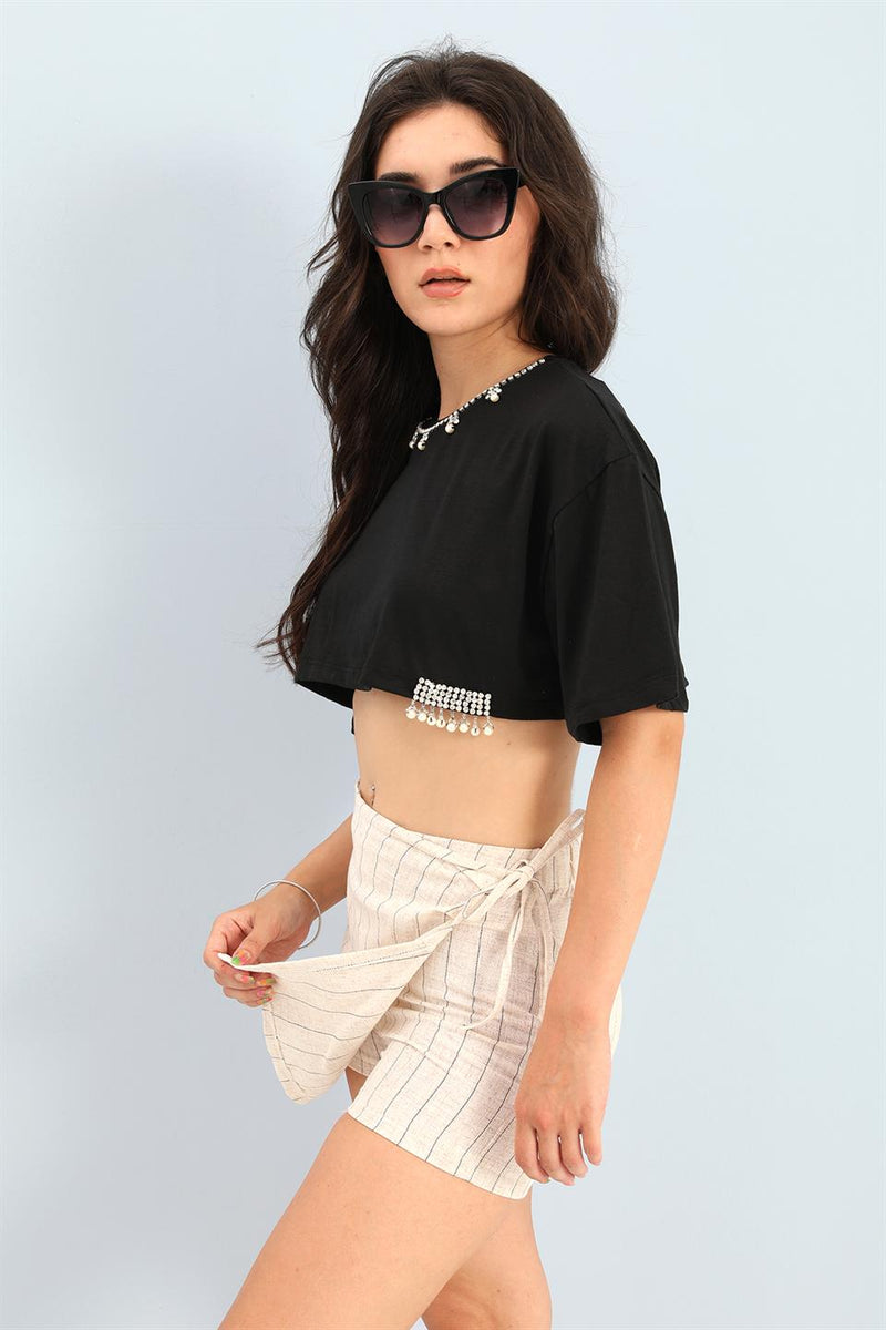 Women's Short Skirt Elastic Back Waist Striped Linen - Black - STREETMODE ™