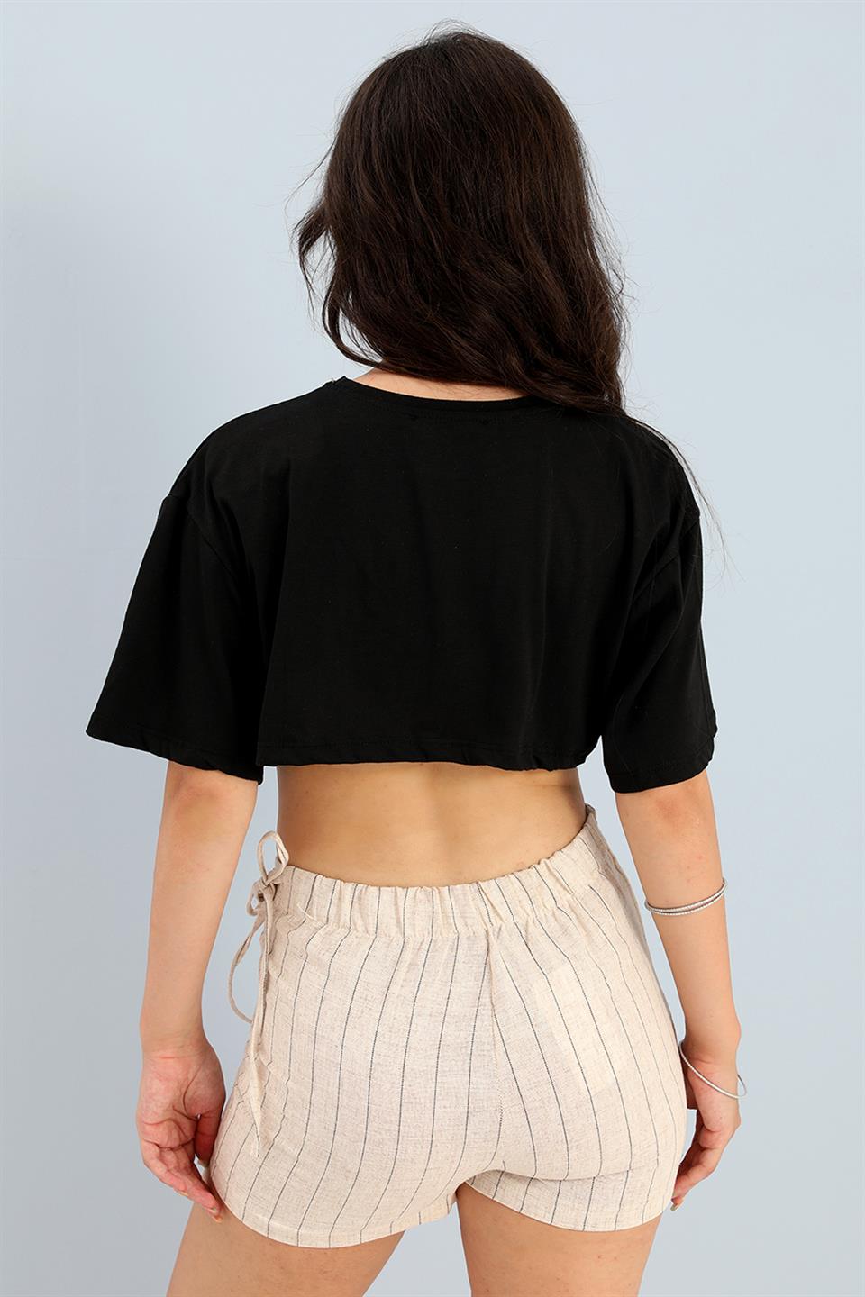Women's Short Skirt Elastic Back Waist Striped Linen - Black - STREETMODE ™