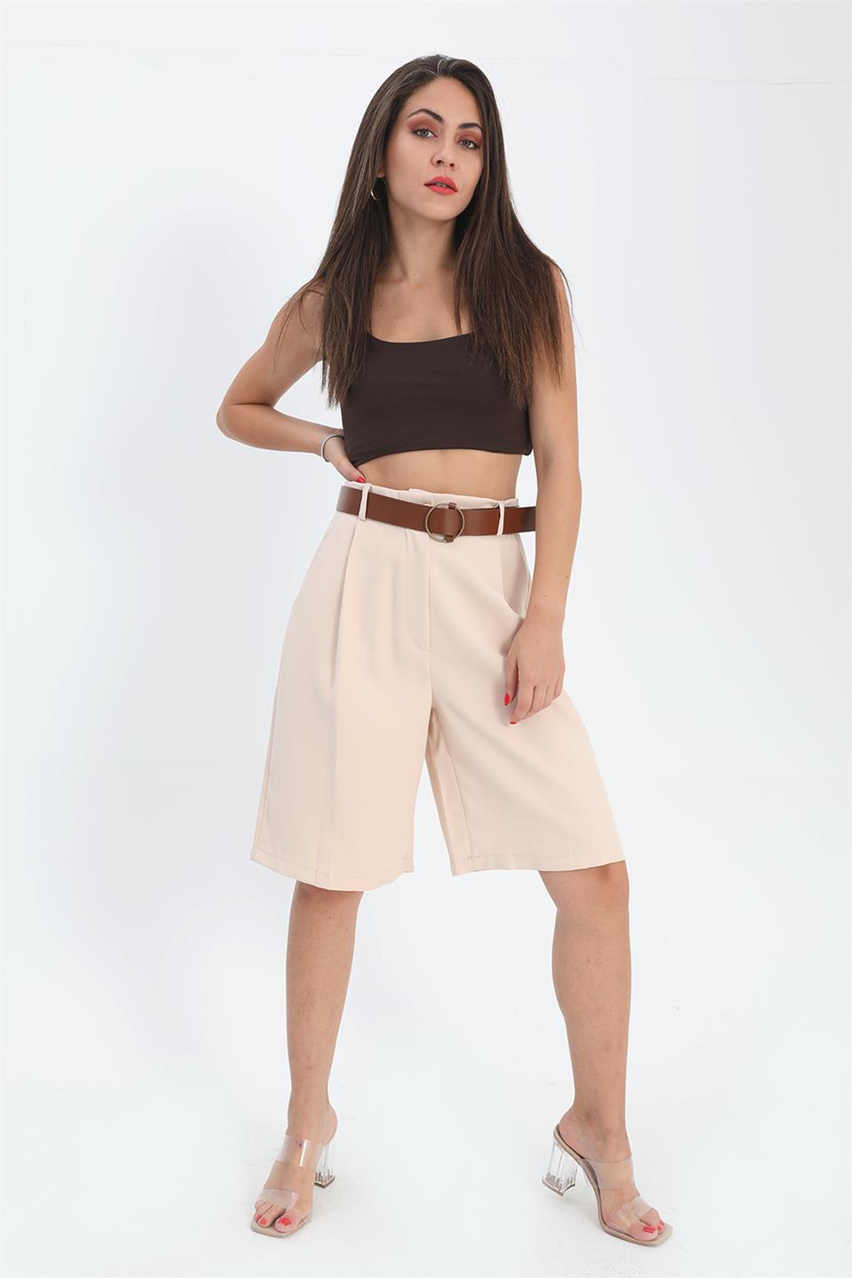 Women's Shorts High Waist Belted Bermuda - Beige - STREETMODE ™