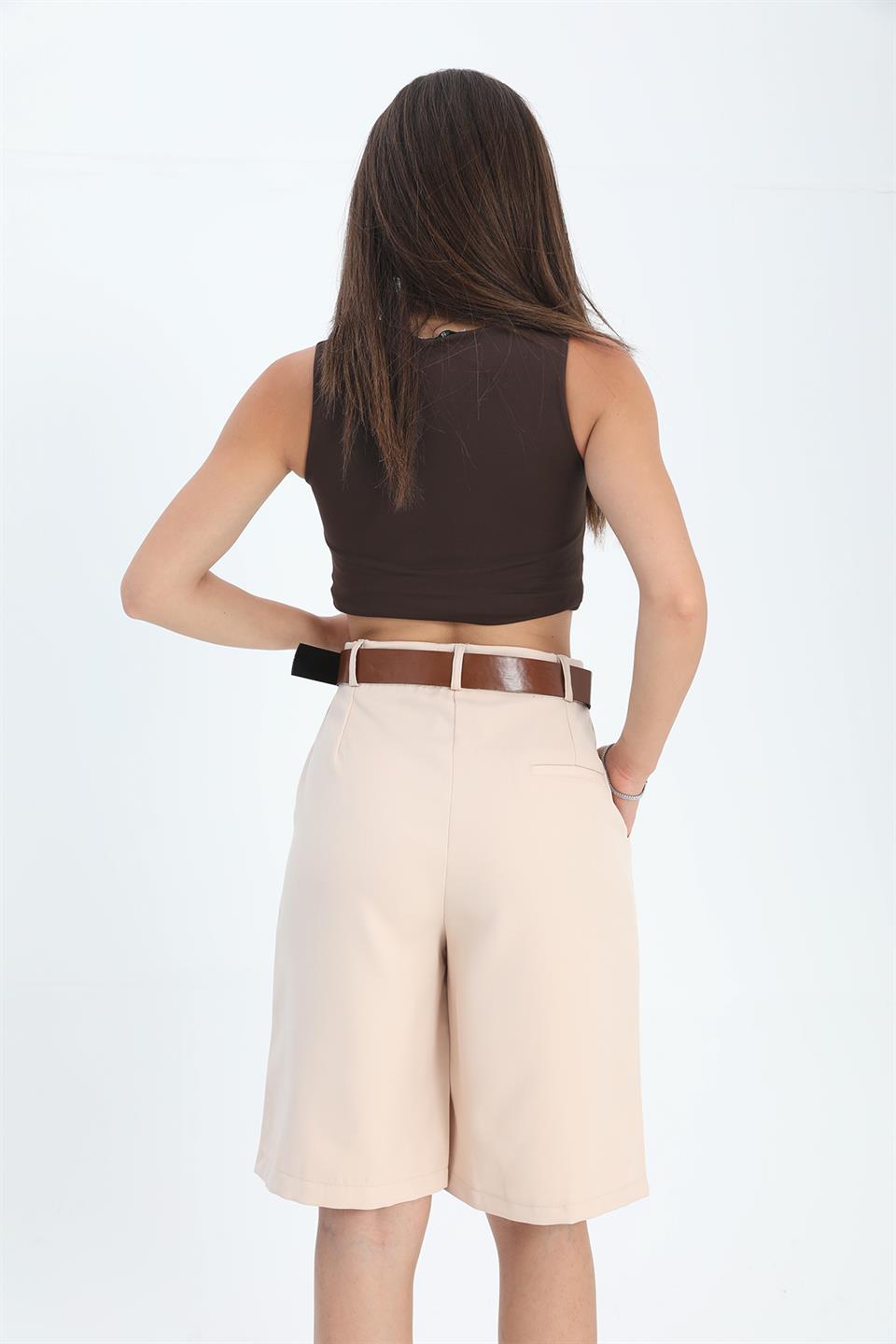 Women's Shorts High Waist Belted Bermuda - Beige - STREETMODE ™