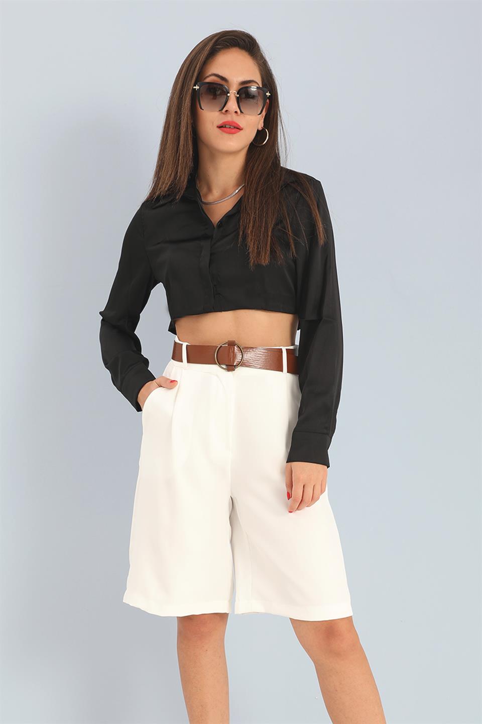 Women's Shorts High Waist Belt Bermuda - Ecru - STREET MODE ™