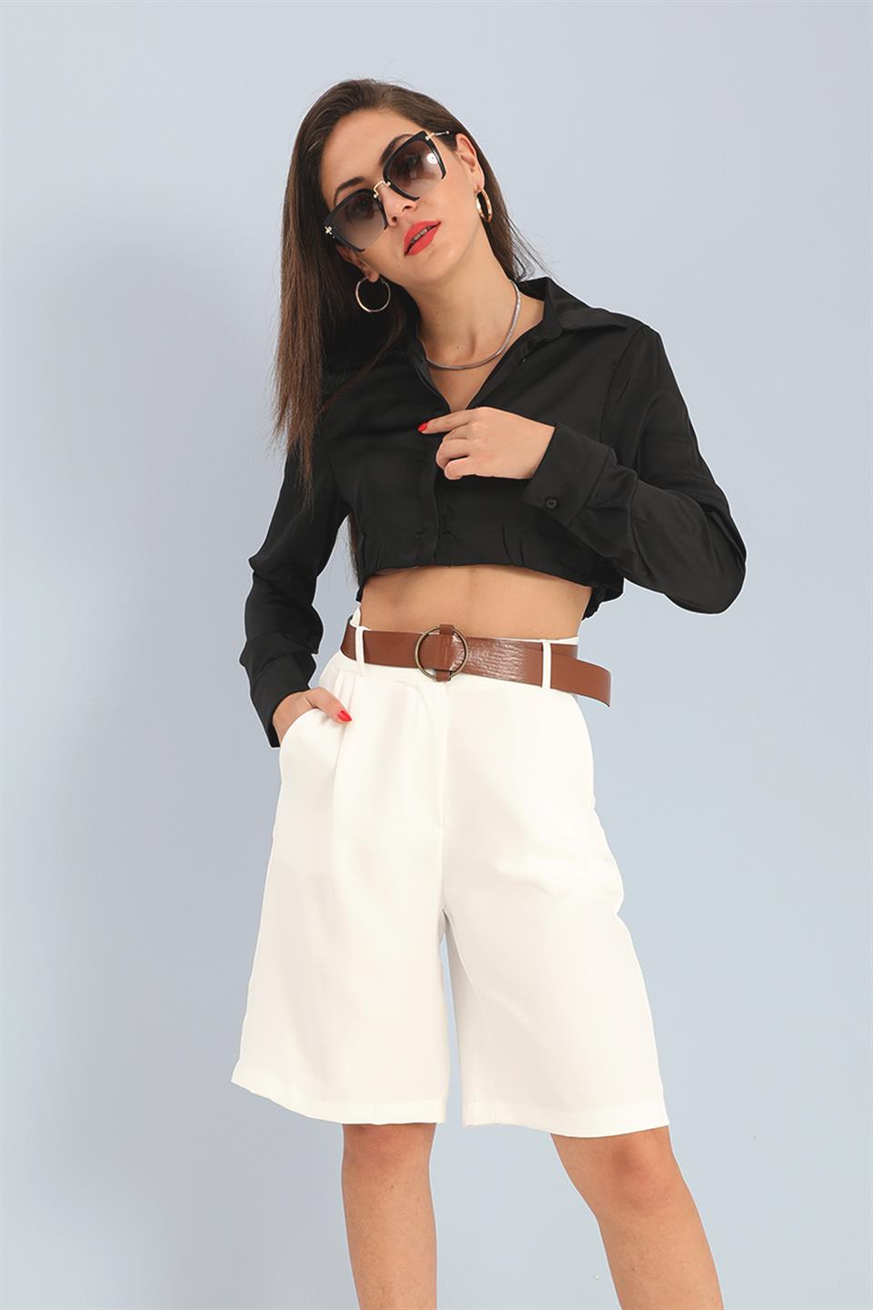 Women's Shorts High Waist Belt Bermuda - Ecru - STREET MODE ™