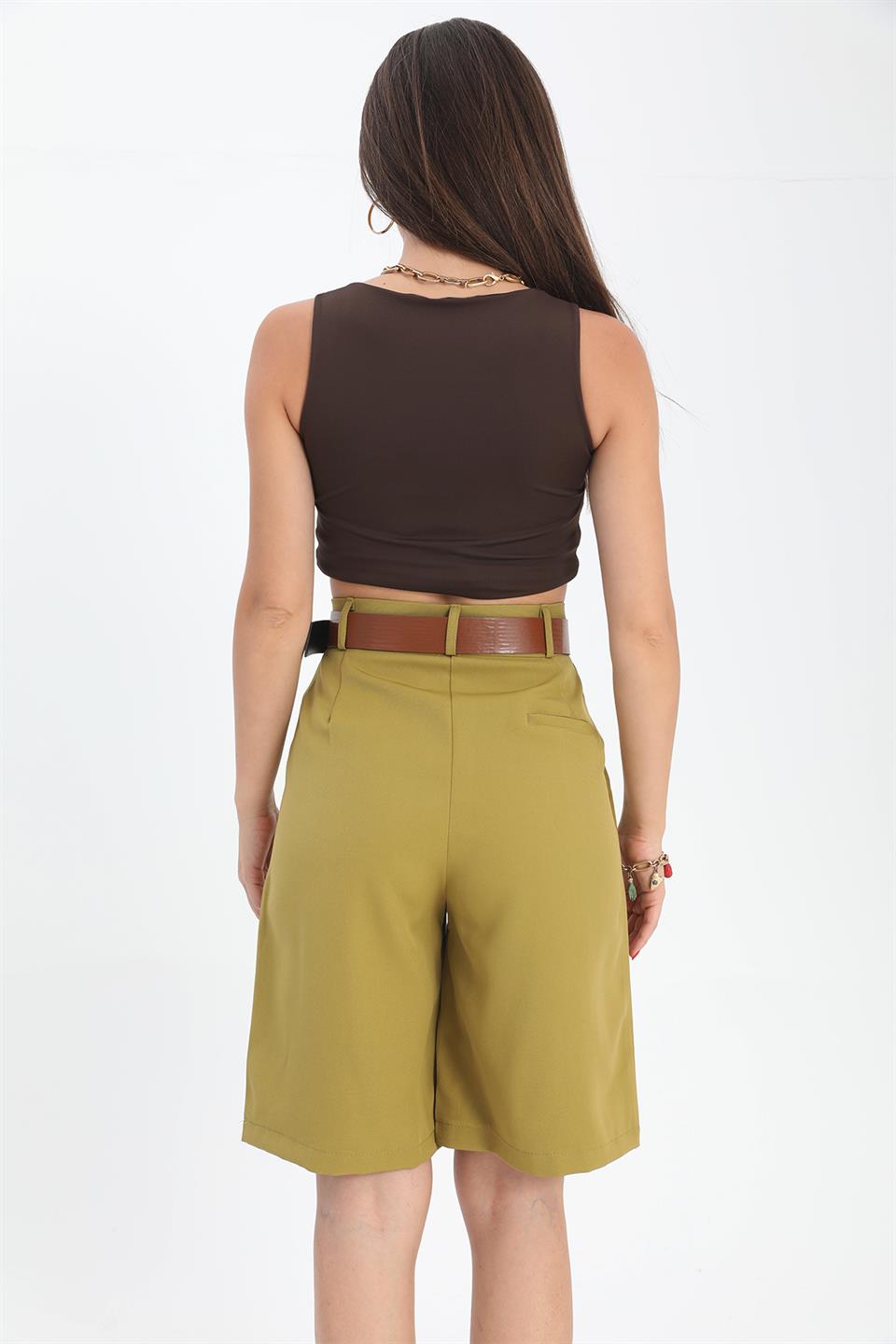 Women's Shorts High Waist Belt Bermuda - Khaki - STREET MODE ™