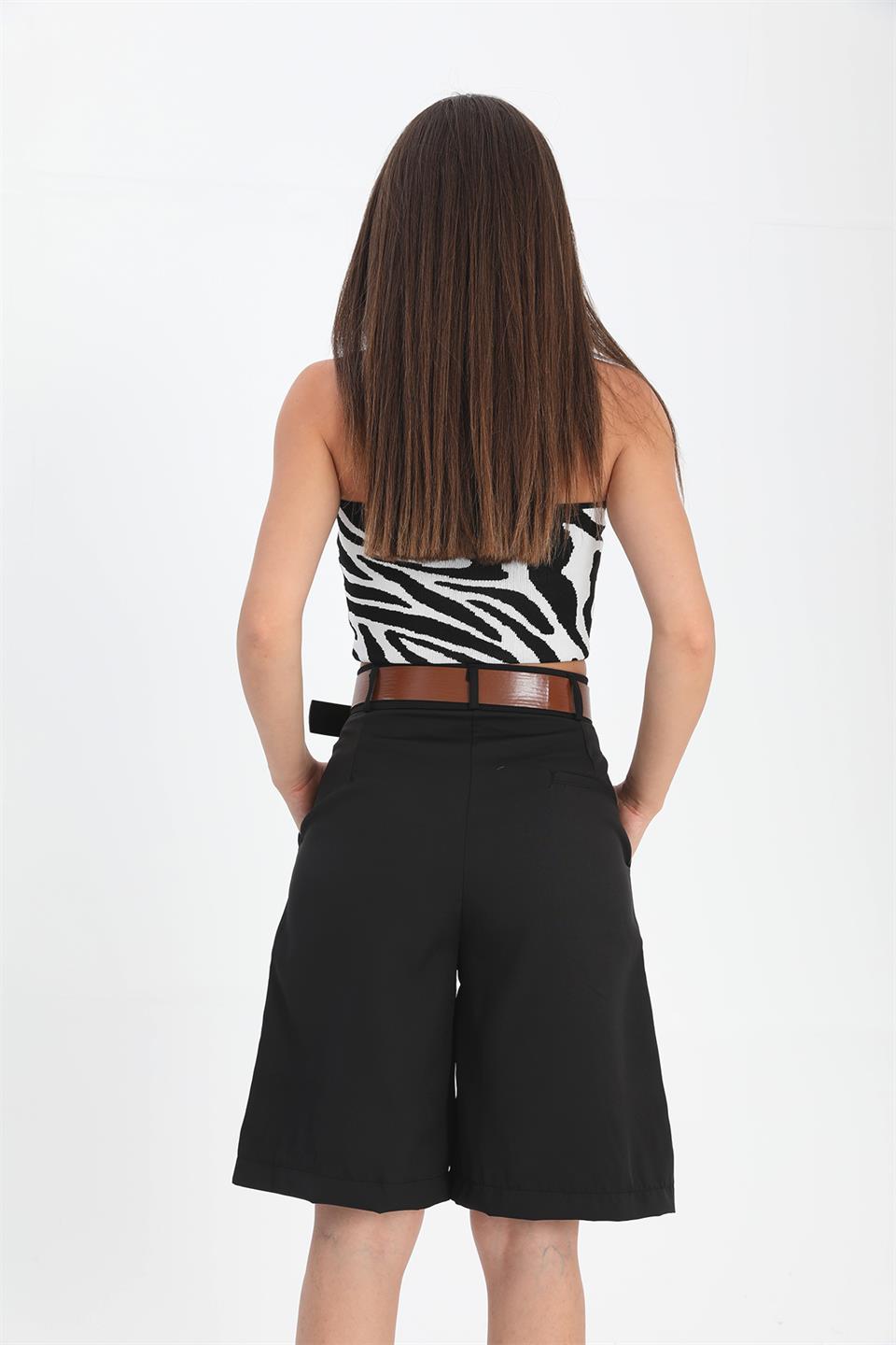 Women's Shorts High Waist Belted Bermuda - Black - STREETMODE ™
