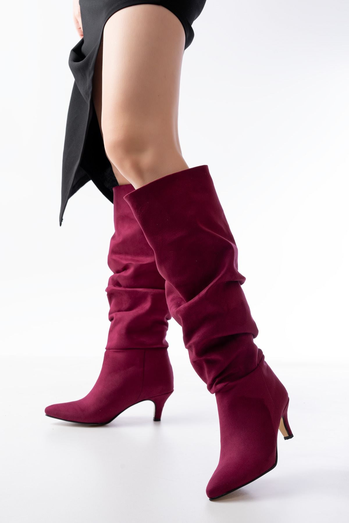 Claret Red Suede Thin Heeled Casual Women's Boots