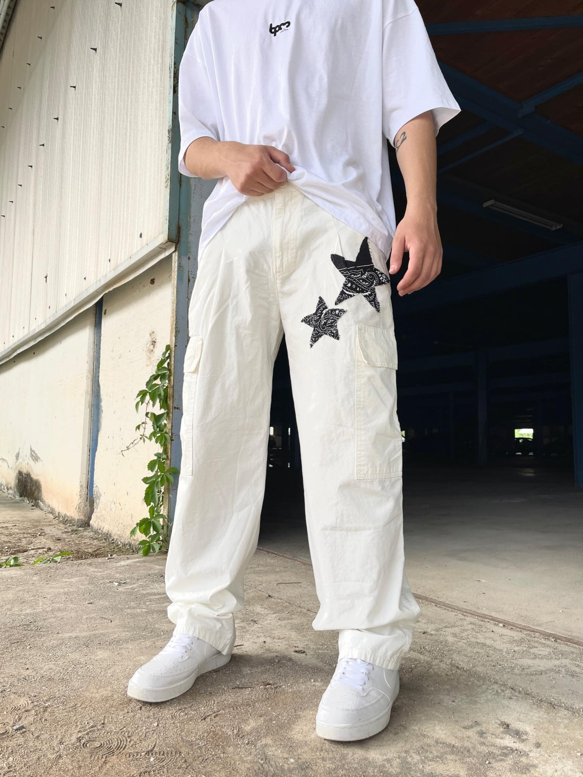 Men's Starry Patchwork White Baggy Cargo Pants