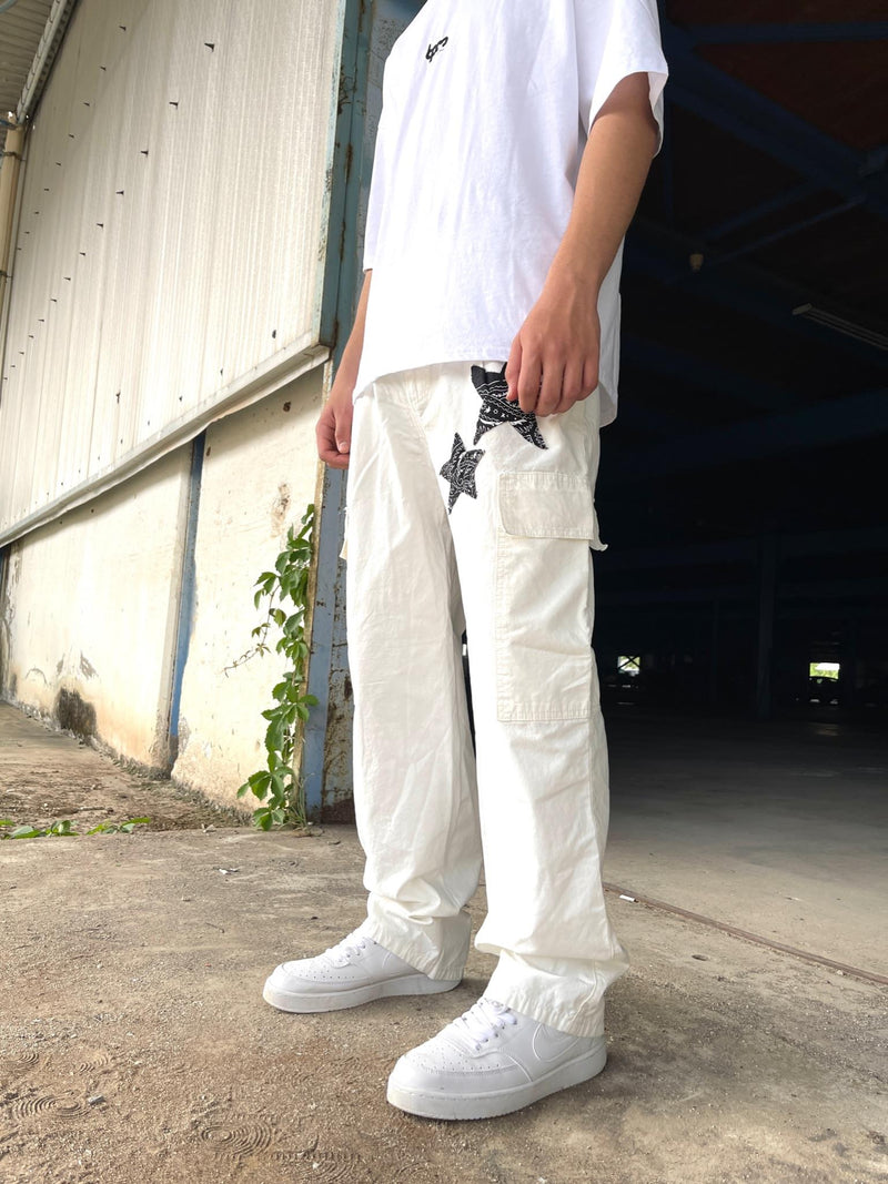 Men's Starry Patchwork White Baggy Cargo Pants - STREETMODE ™