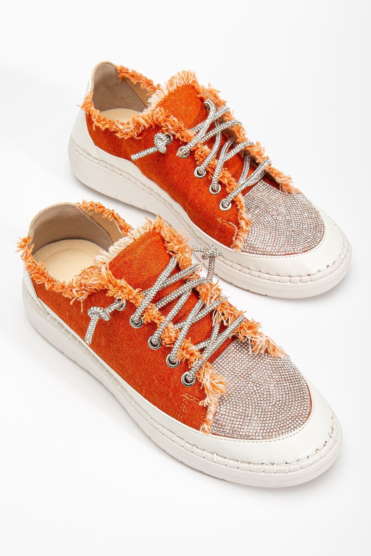 Stoned Flat Sole Women's Orange Denim Sneakers - STREETMODE ™