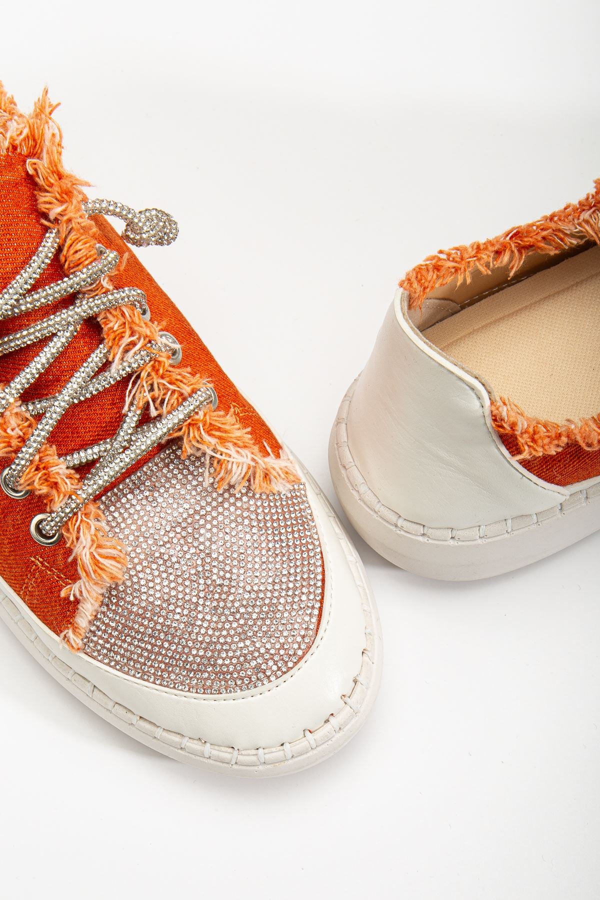 Stoned Flat Sole Women's Orange Denim Sneakers - STREETMODE ™