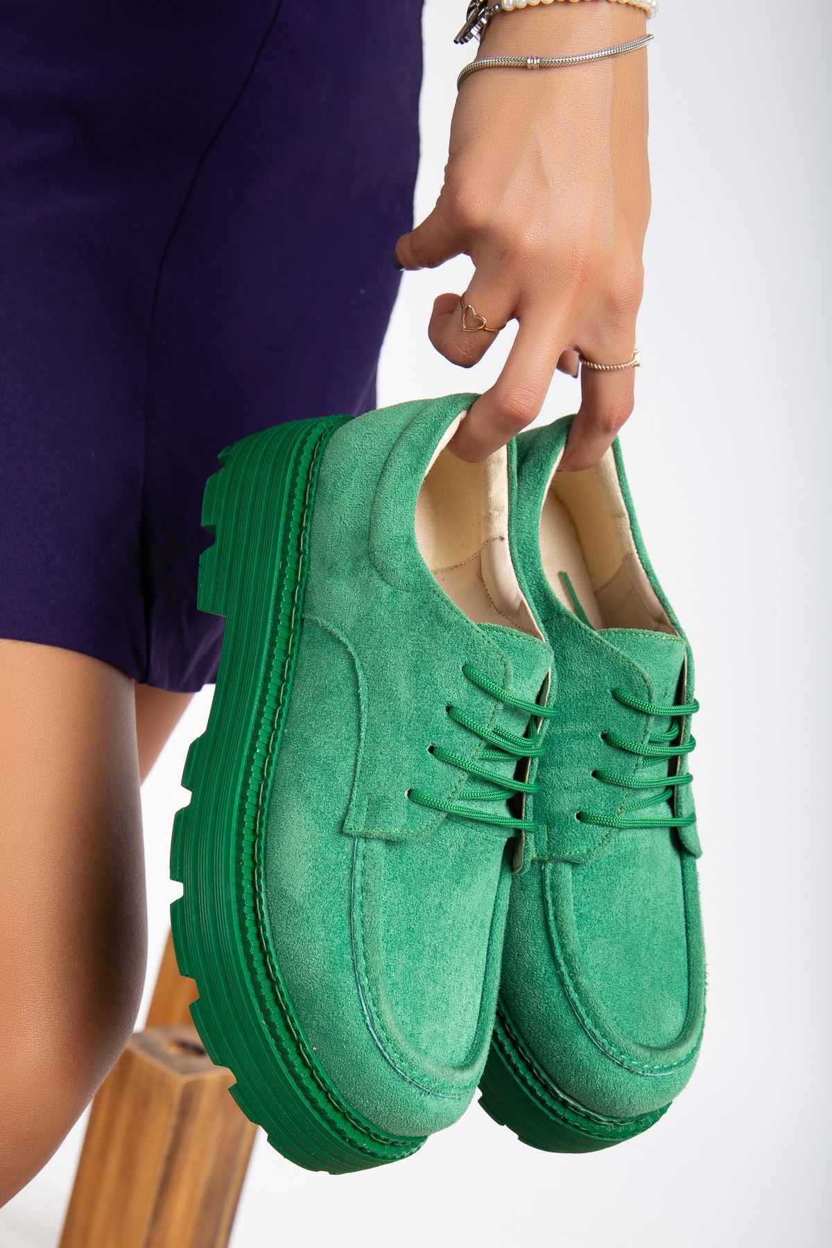 Lace Detailed Green Suede Women's Stylish Casual Shoes