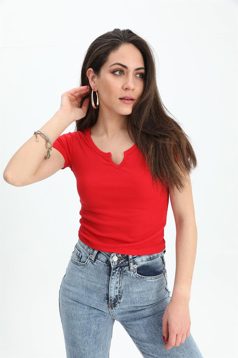 Women's T-Shirt Pear Collar Short Sleeve - Red - STREET MODE ™