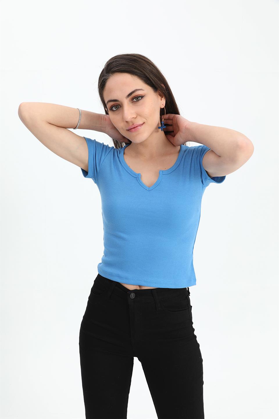 Women's T-Shirt Pear Collar Short Sleeve - Blue - STREET MODE ™