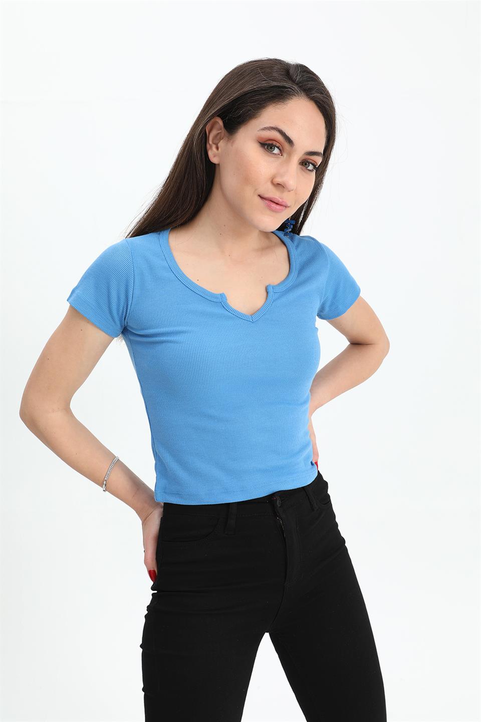 Women's T-Shirt Pear Collar Short Sleeve - Blue - STREET MODE ™