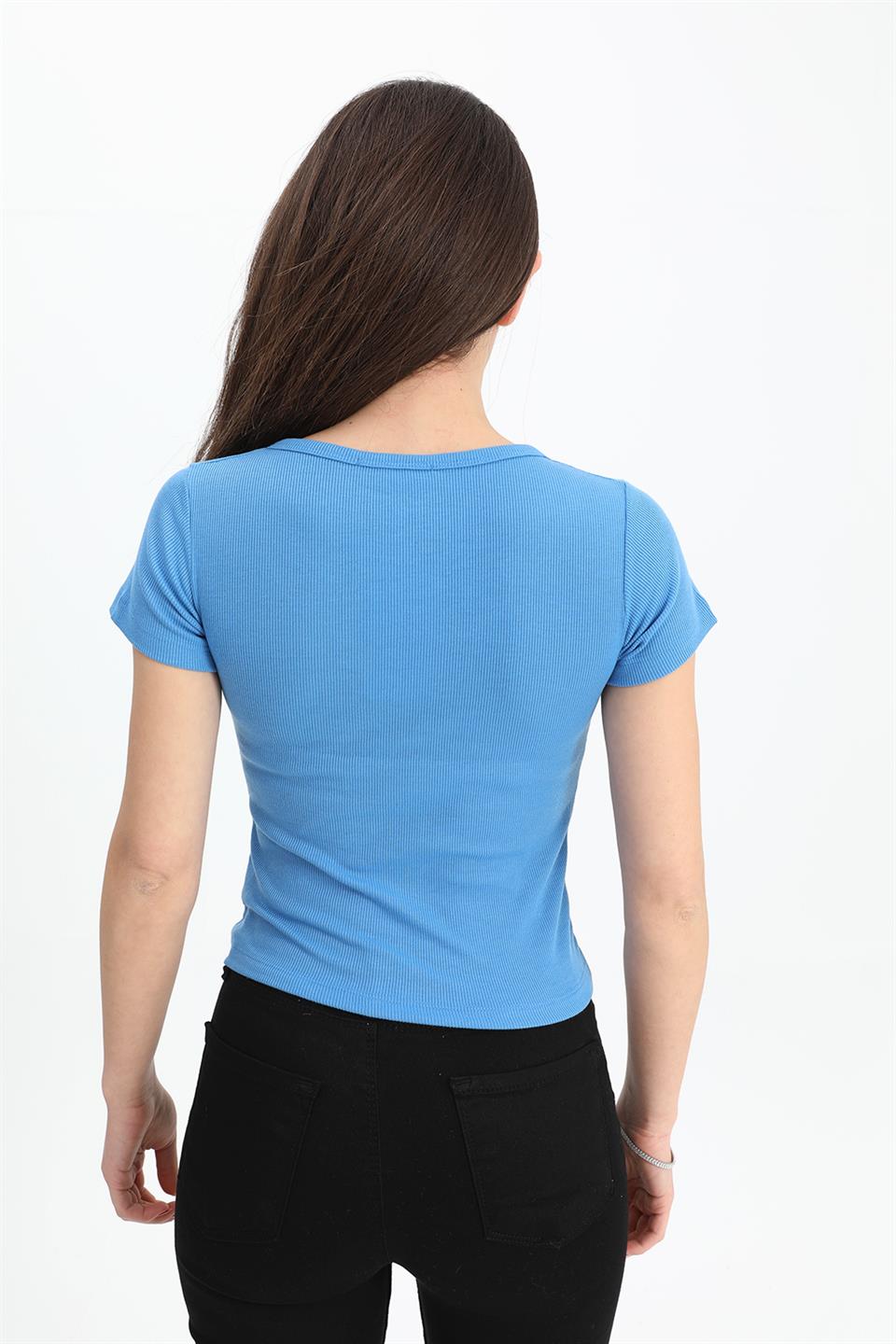 Women's T-Shirt Pear Collar Short Sleeve - Blue - STREET MODE ™