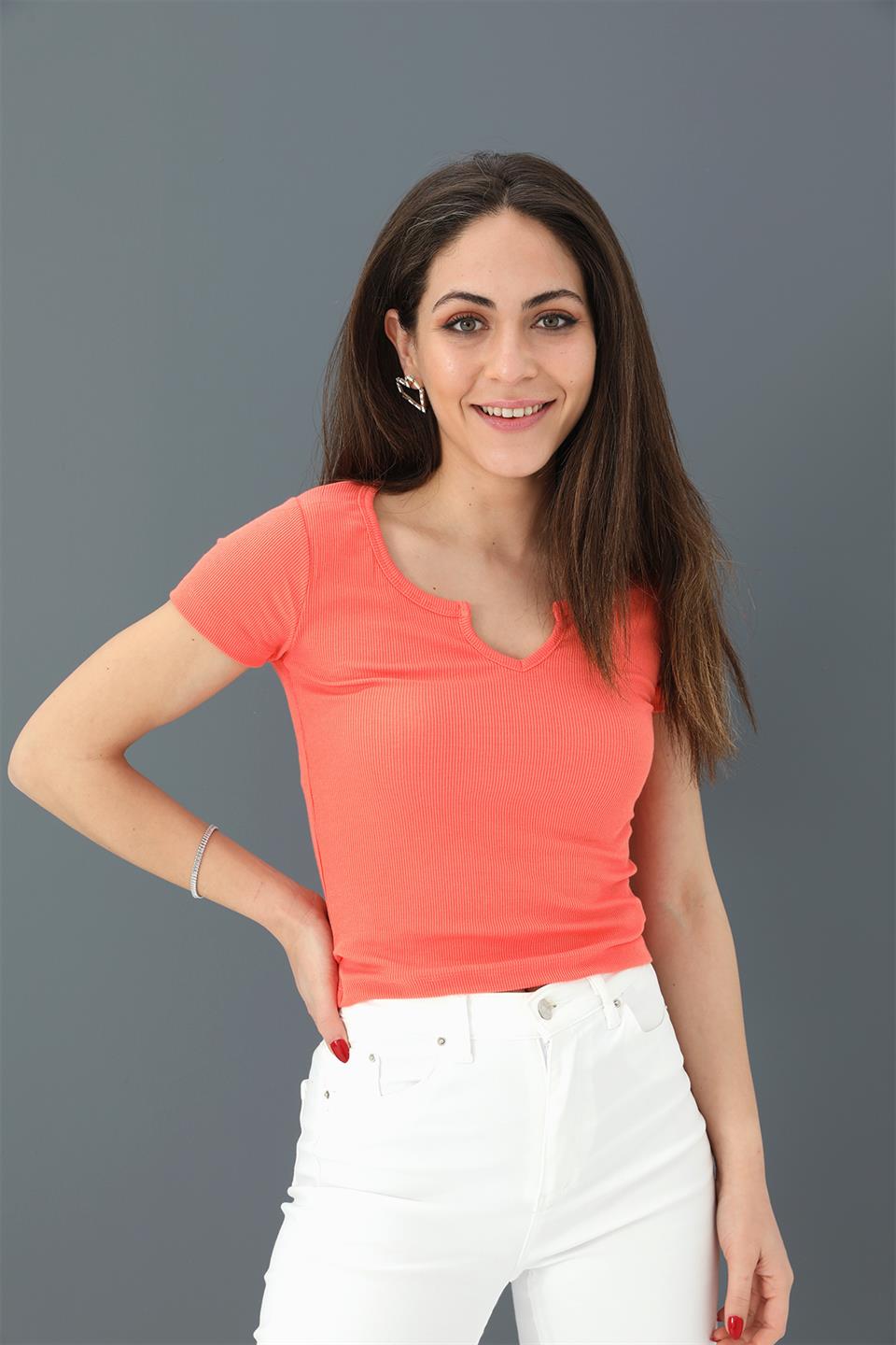 Women's T-Shirt Pear Collar Short Sleeve - Pomegranate Blossom - STREETMODE ™