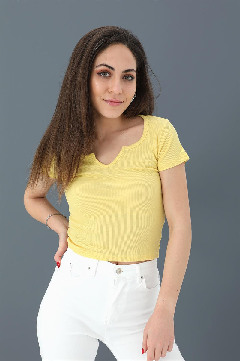 Women's T-Shirt Pear Collar Short Sleeve - Yellow - STREETMODE ™