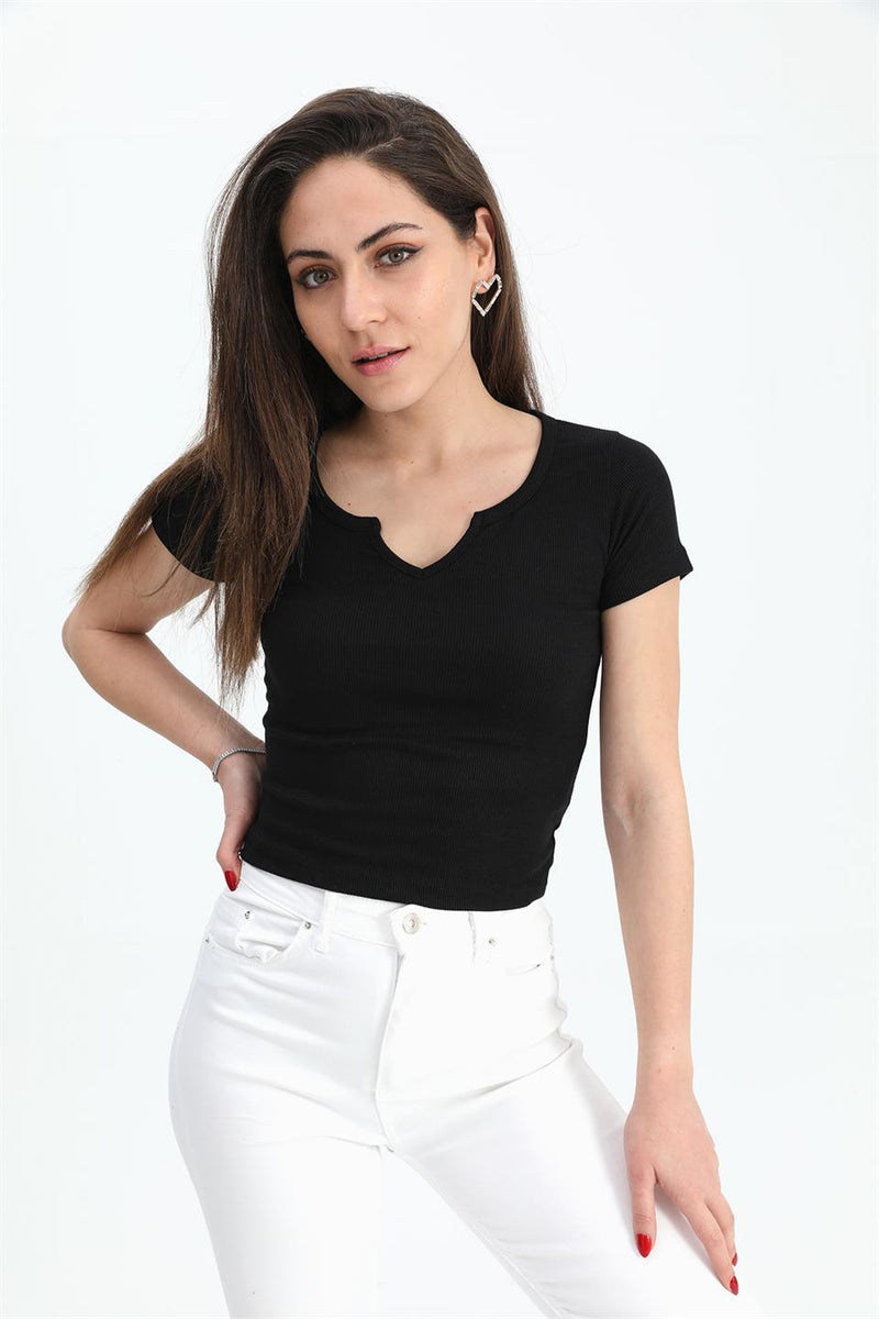 Women's T-Shirt Pear Collar Short Sleeve - Black - STREETMODE ™