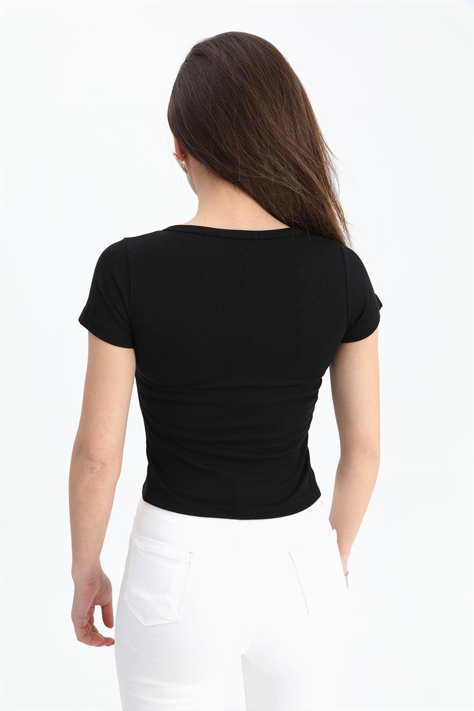 Women's T-Shirt Pear Collar Short Sleeve - Black - STREETMODE ™