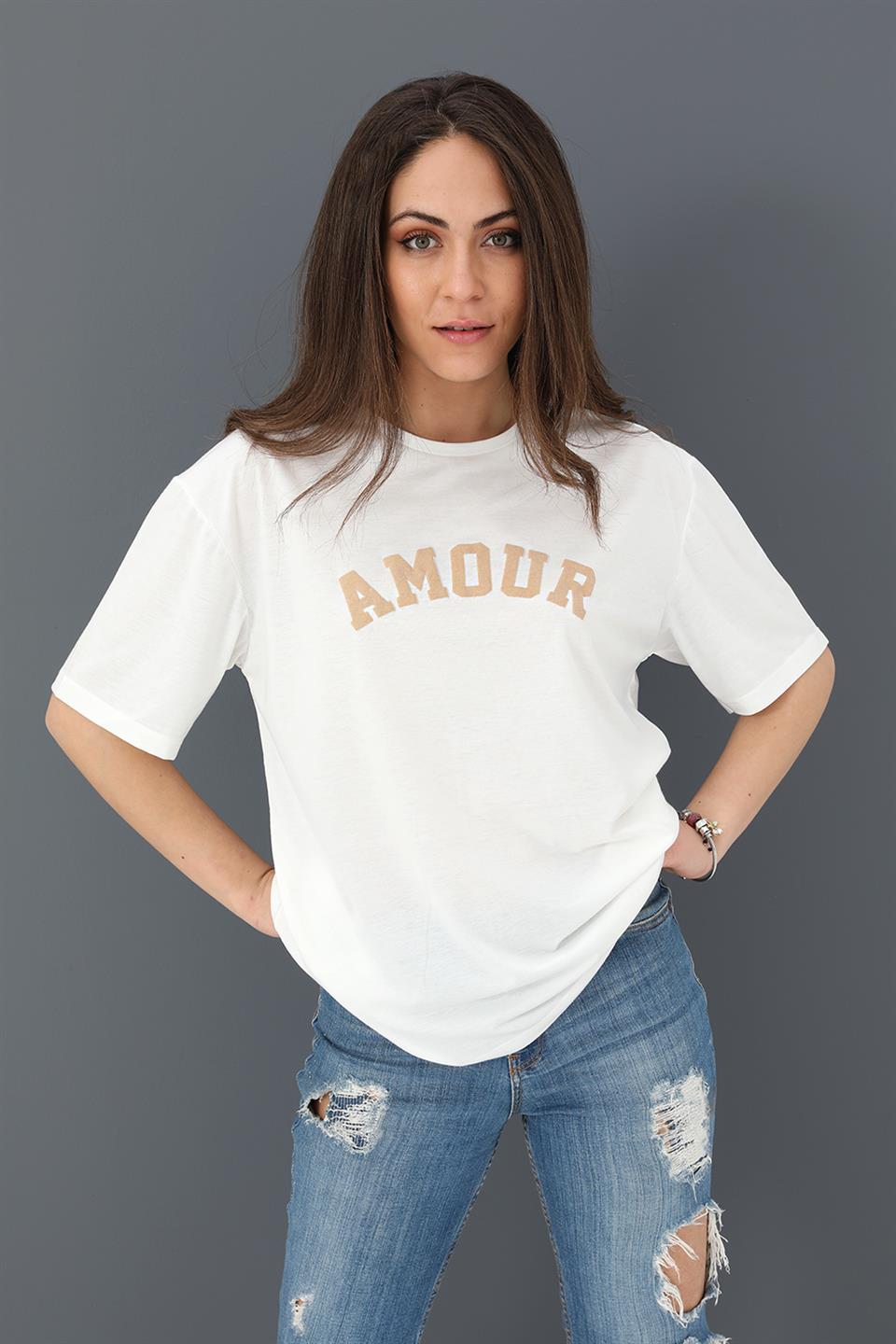 Women's T-shirt Crew Neck Amour Printed - Beige - STREETMODE ™