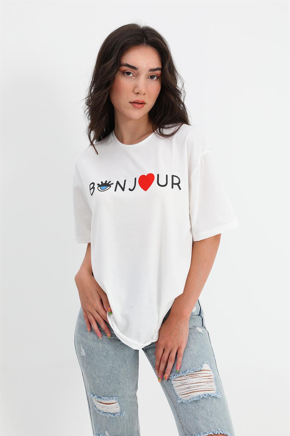 Women's T-shirt Crew Neck Bonjour Written - White - STREET MODE ™