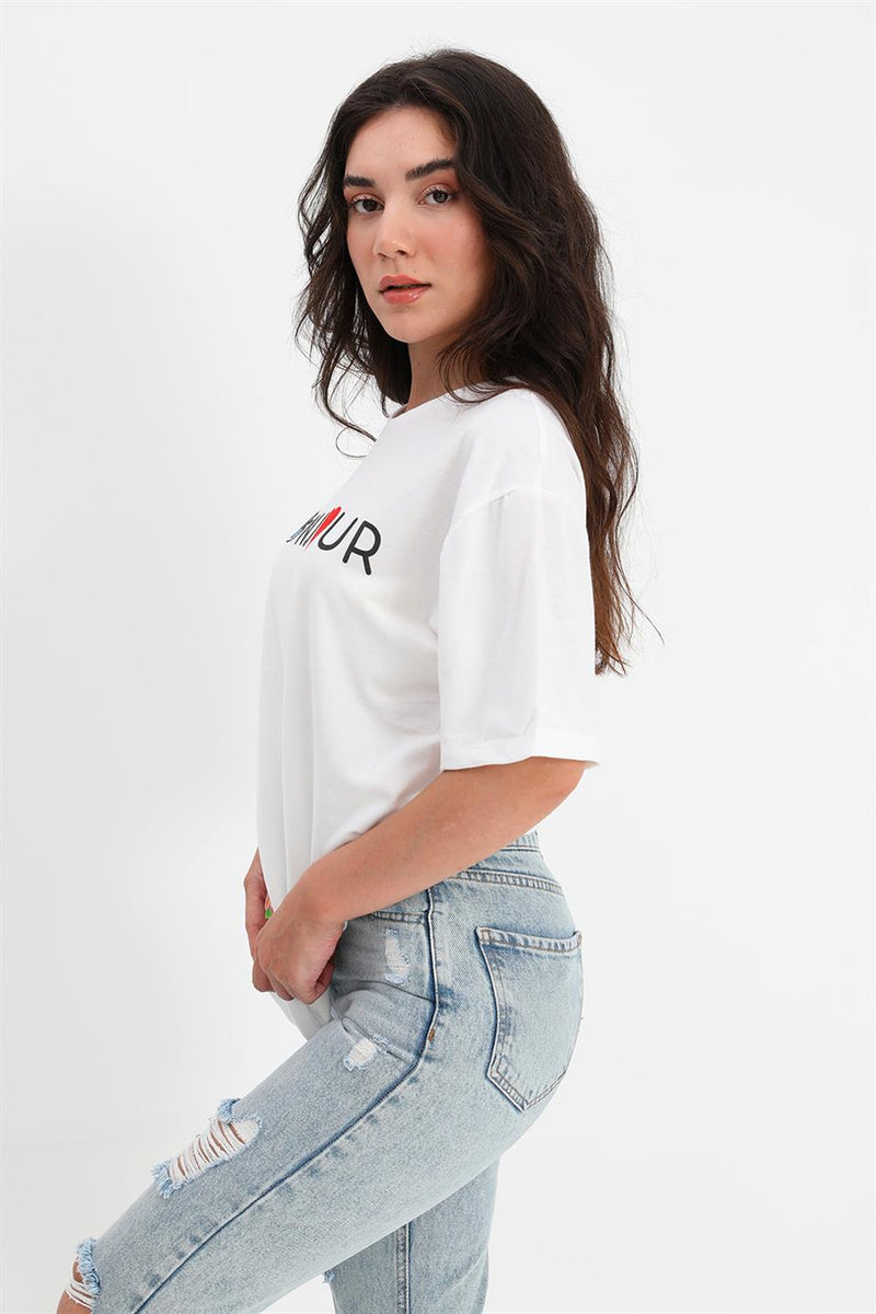 Women's T-shirt Crew Neck Bonjour Written - White - STREET MODE ™