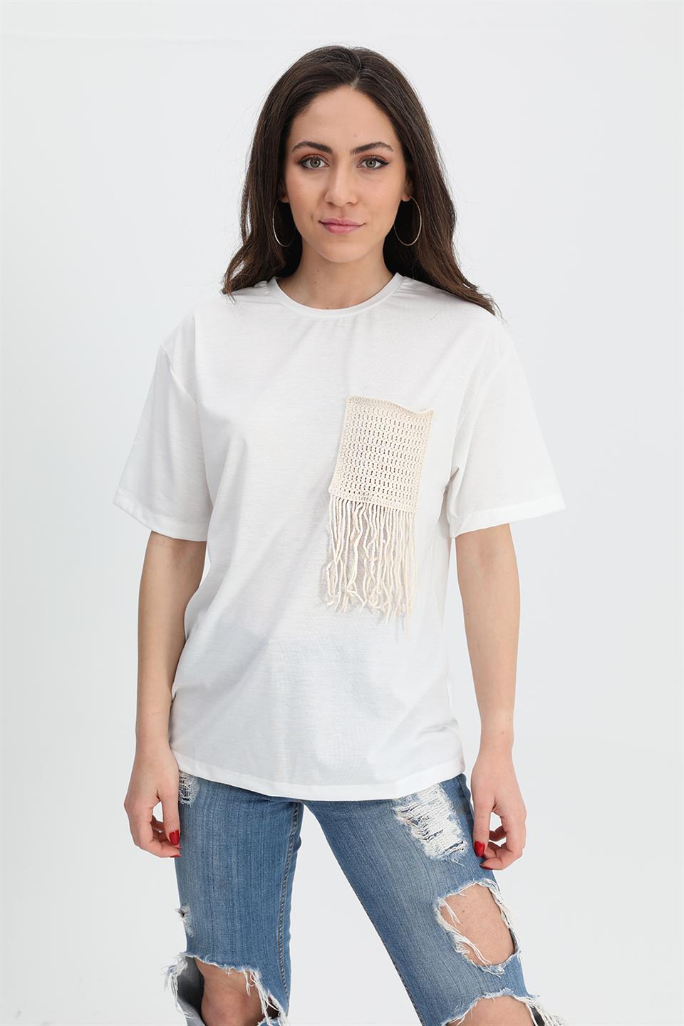 Women's T-shirt Crew Neck Pocket Detailed - Ecru - STREETMODE ™