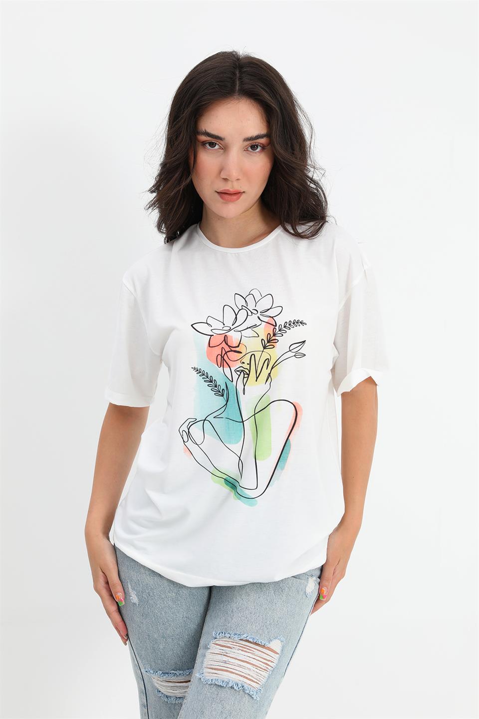 Women's T-shirt Crew Neck Floral Pattern - Ecru - STREETMODE ™