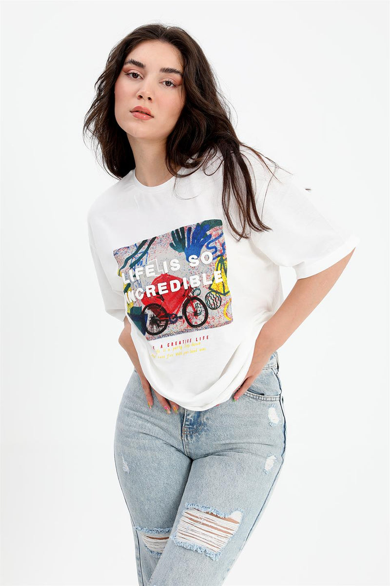 Women's T-shirt Crew Neck Patterned Embossed Written - Ecru - STREETMODE ™