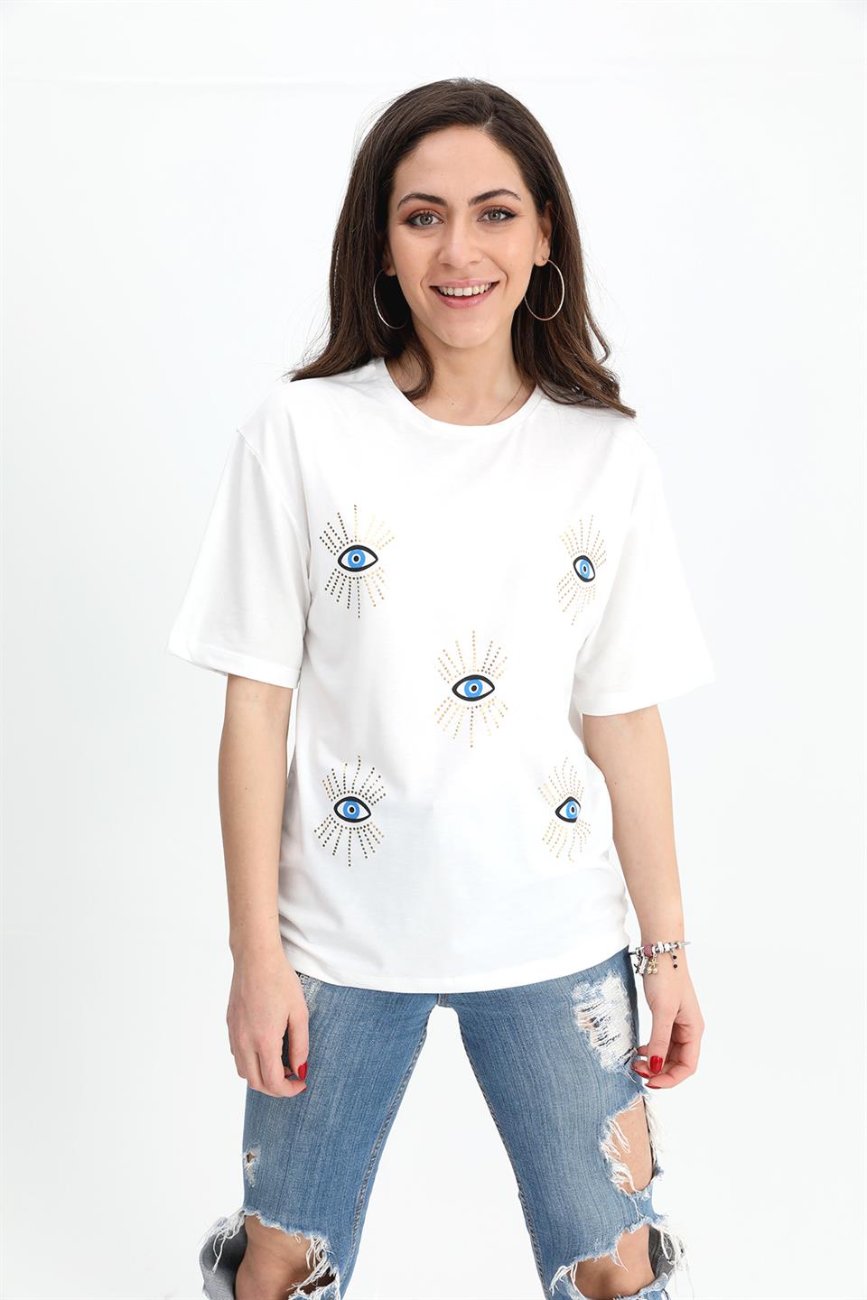 Women's T-shirt Crew Neck Eye Print - Ecru - STREETMODE ™