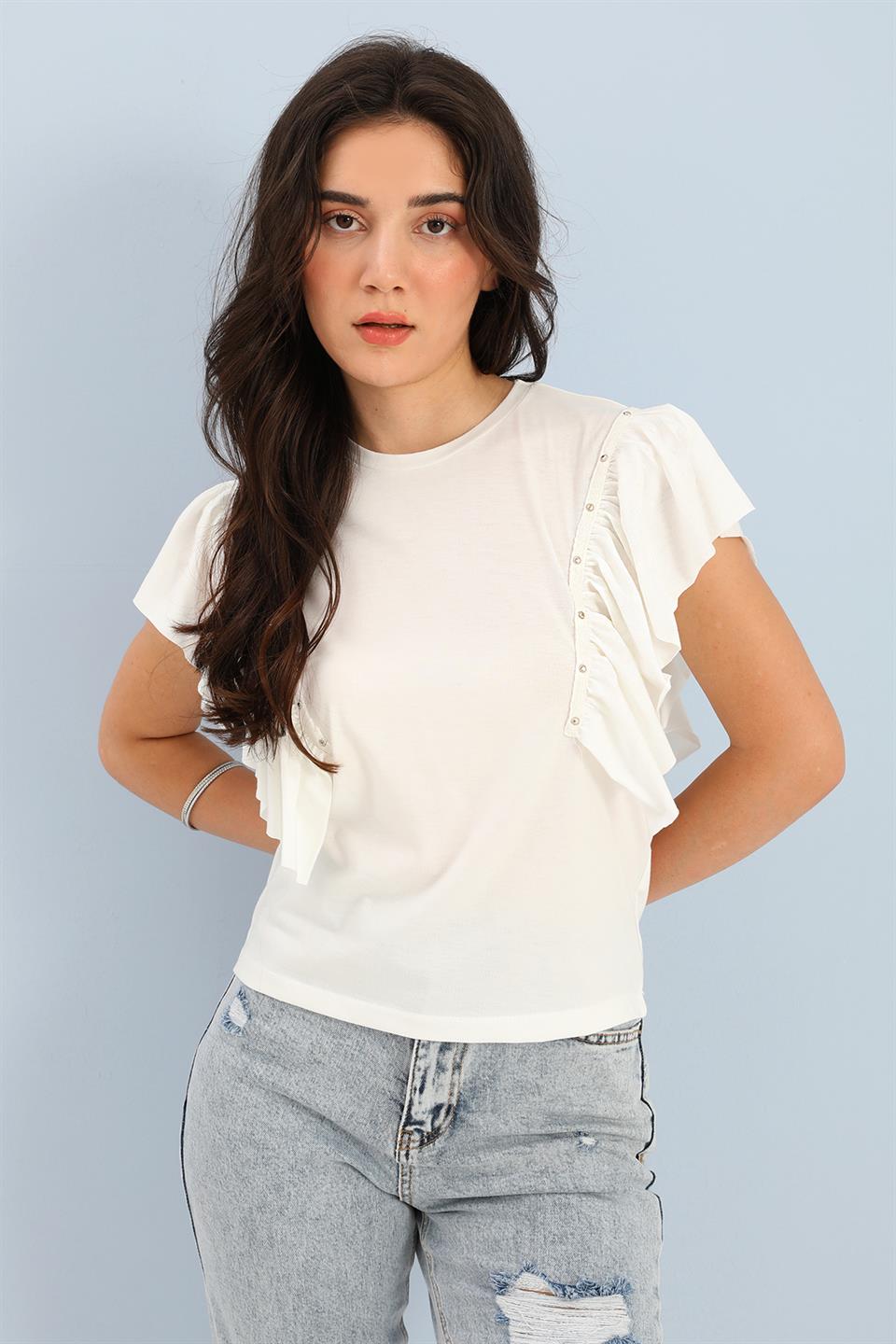Women's T-shirt Crew Neck Ruffled Sleeves - White - STREET MODE ™