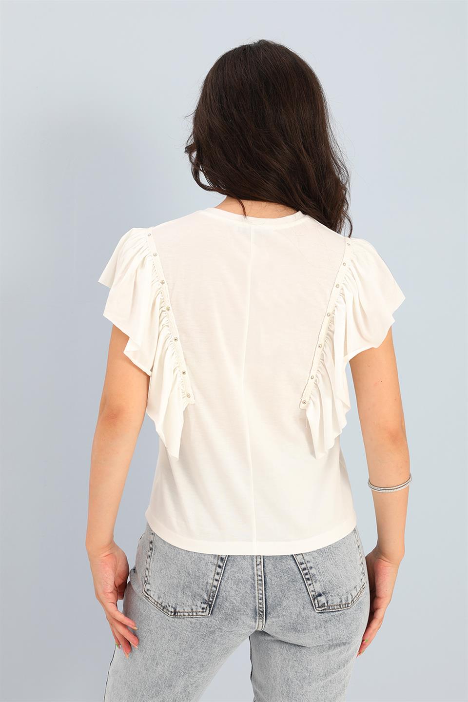 Women's T-shirt Crew Neck Ruffled Sleeves - White - STREET MODE ™