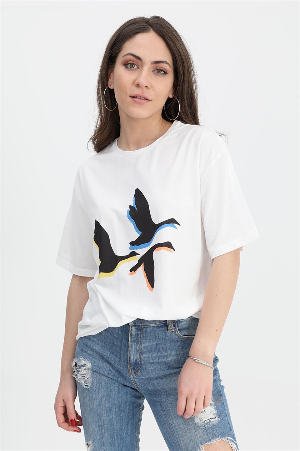 Women's T-shirt Crew Neck Bird Print - Ecru - STREET MODE ™