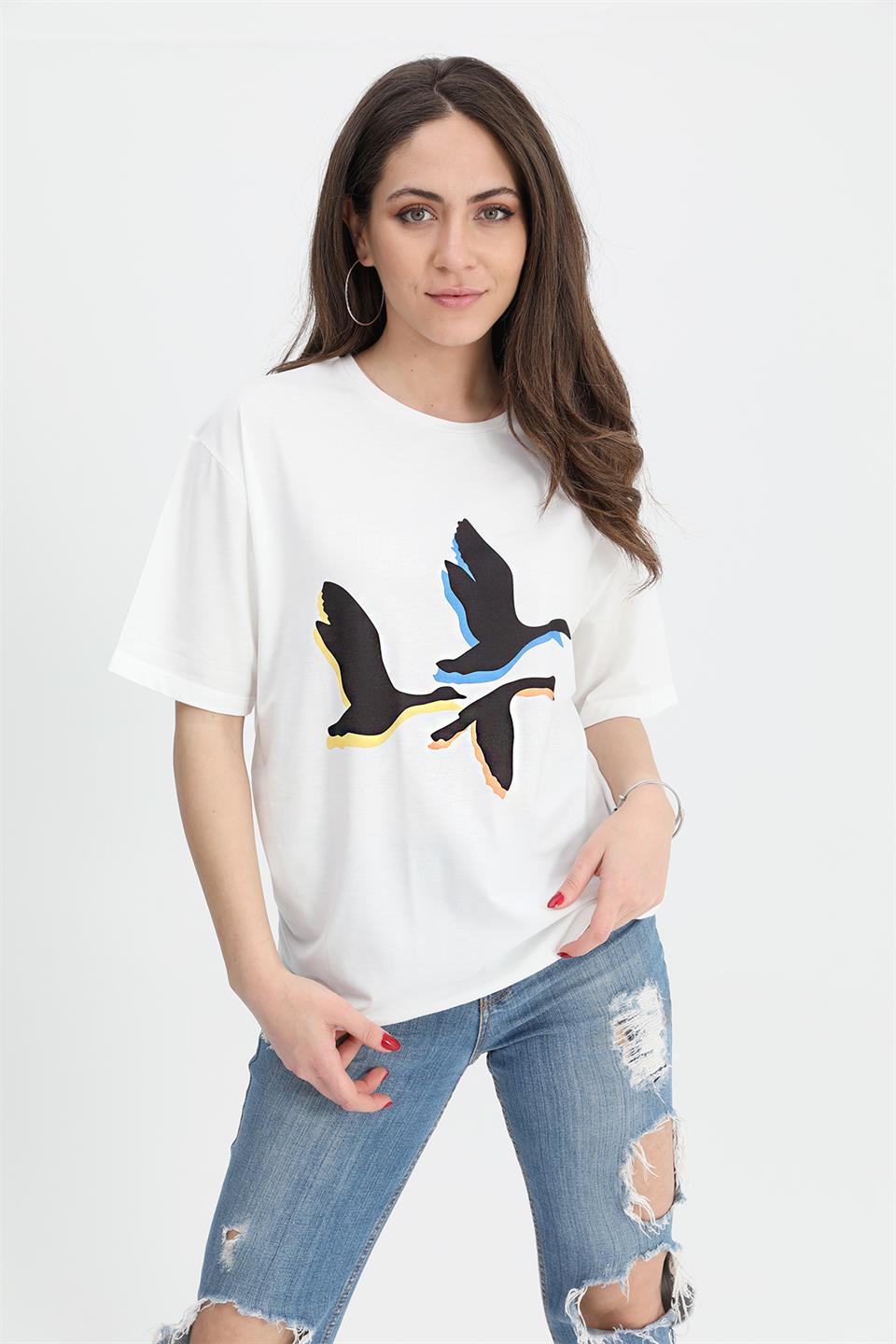 Women's T-shirt Crew Neck Bird Print - Ecru - STREET MODE ™