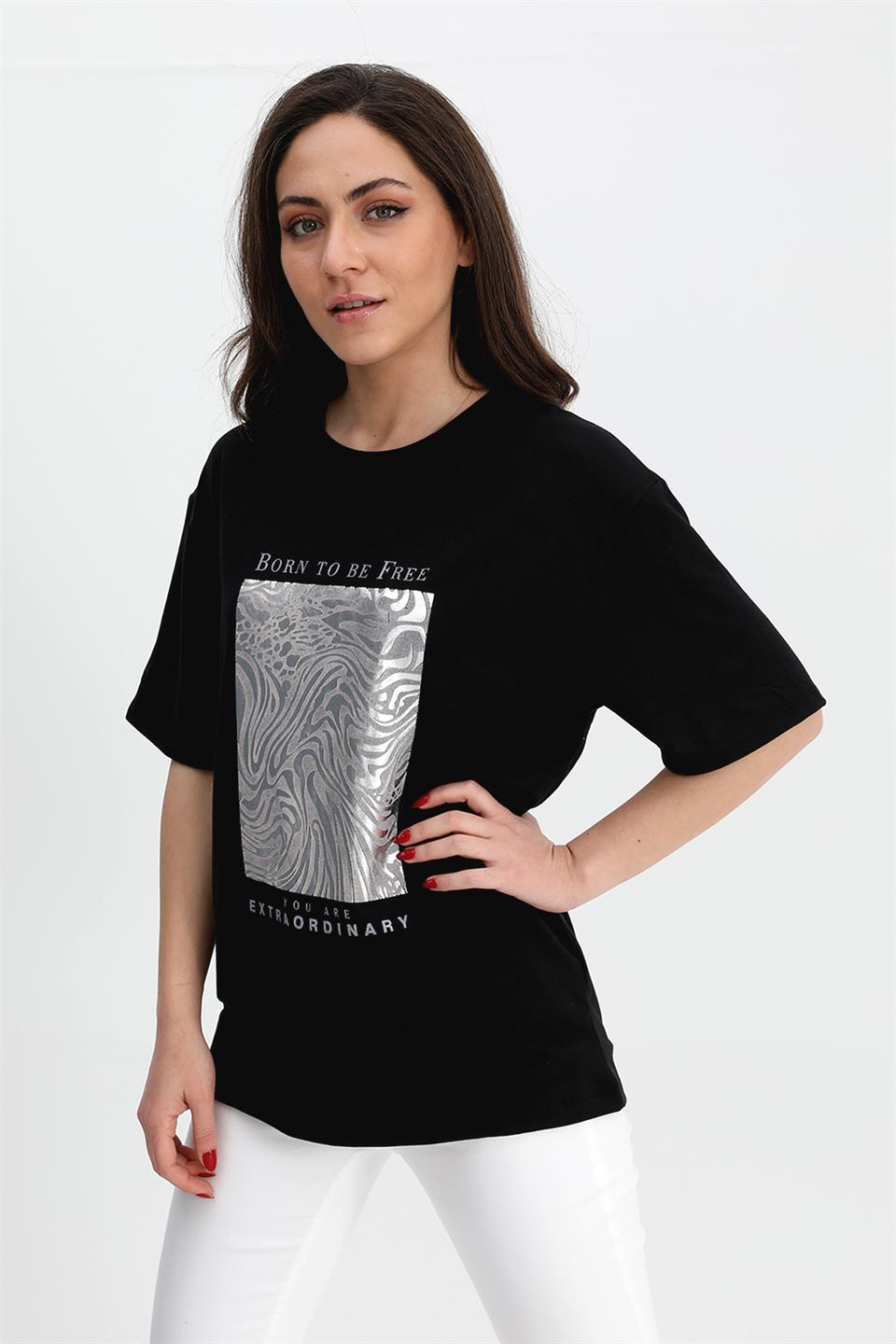 Women's T-shirt Crew Neck Glitter Print - Black - STREETMODE ™