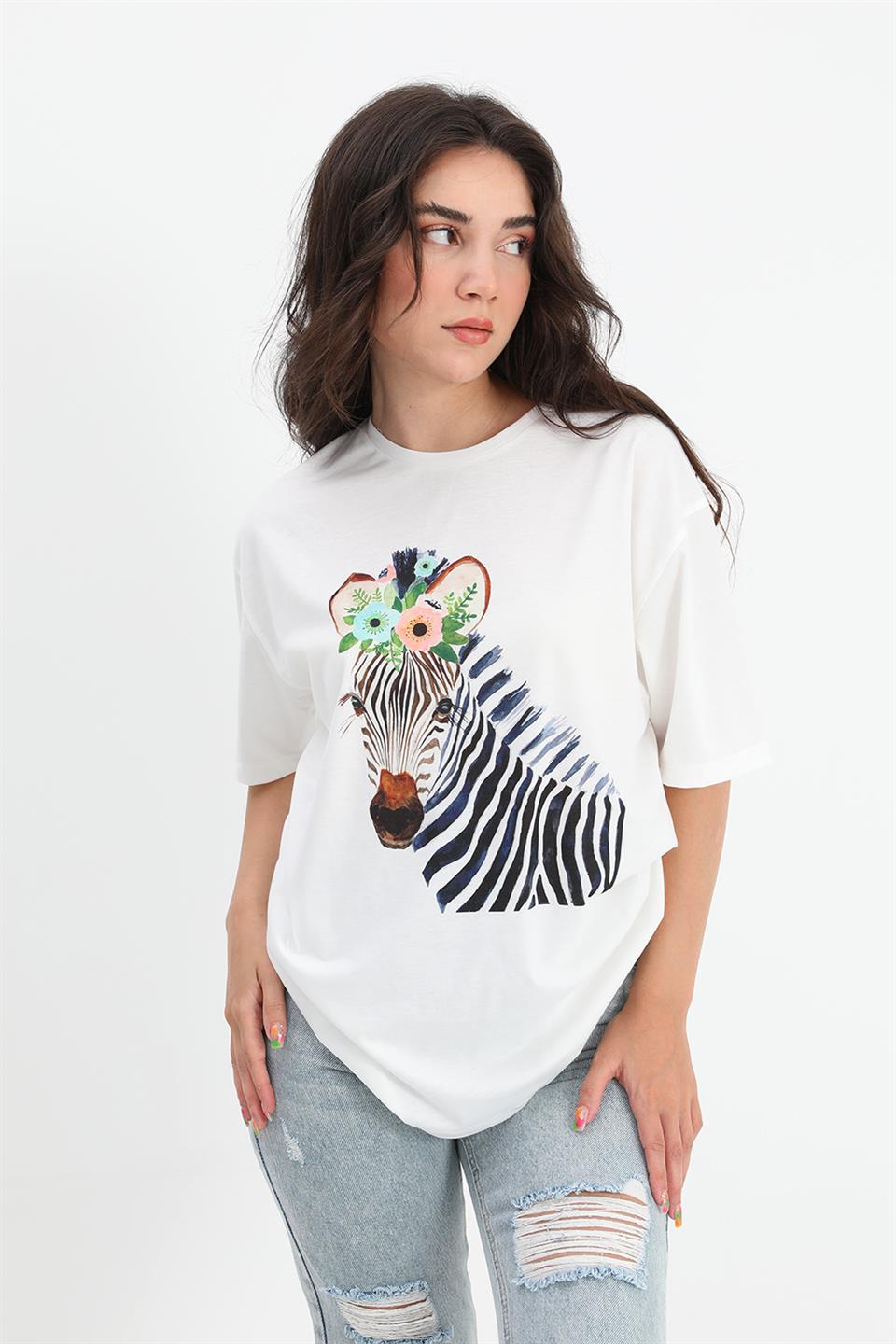Women's T-shirt Crew Neck Zebra Pattern - Ecru - STREETMODE ™