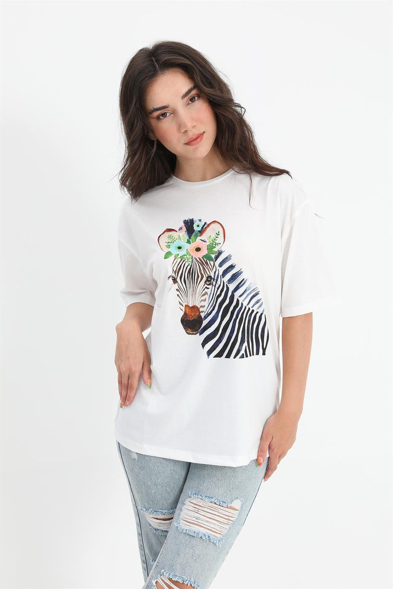 Women's T-shirt Crew Neck Zebra Pattern - Ecru - STREETMODE ™