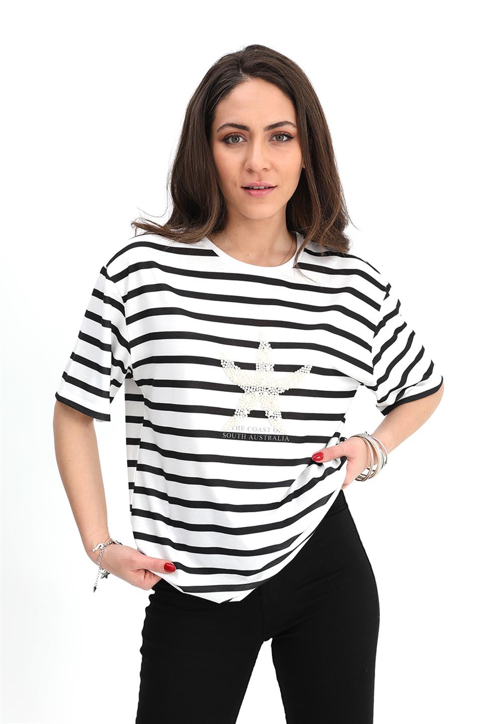 Women's T-shirt Striped Starfish - Black - STREET MODE ™