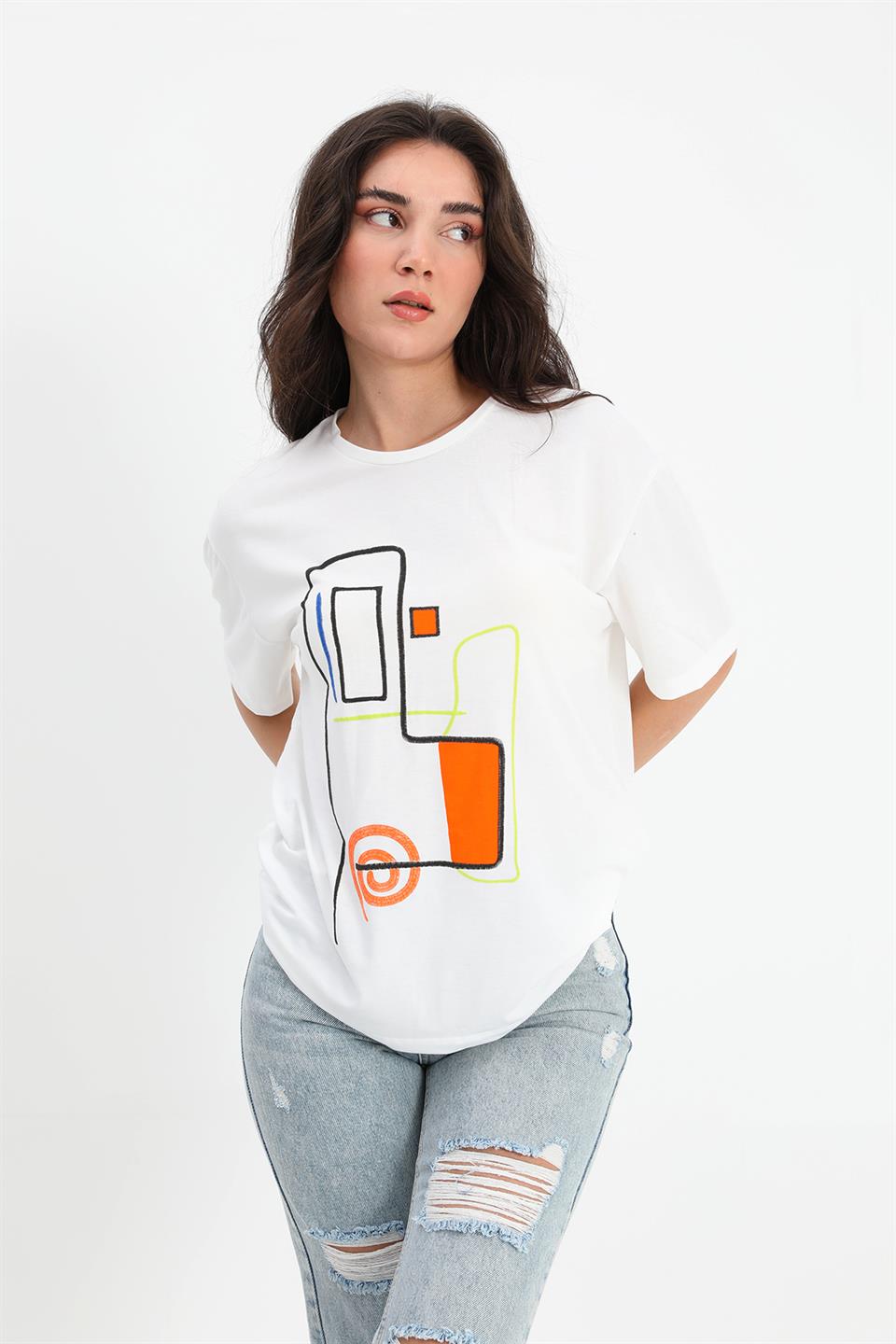 Women's T-shirt Geometric Pattern - Ecru - STREETMODE ™