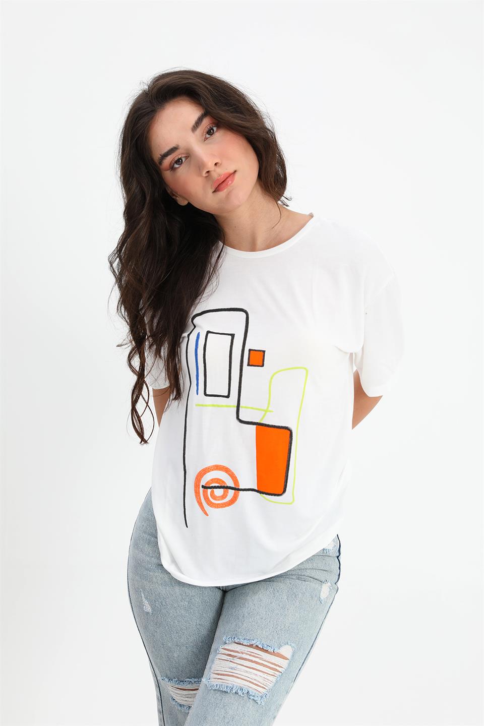 Women's T-shirt Geometric Pattern - Ecru - STREETMODE ™