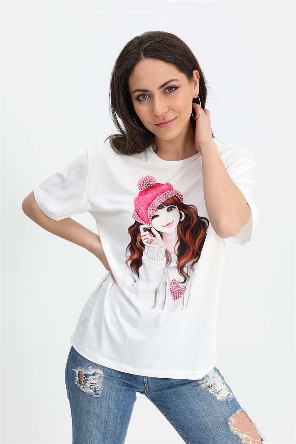 Women's T-shirt Girl Printed Stone Embroidered - Fuchsia - STREET MODE ™