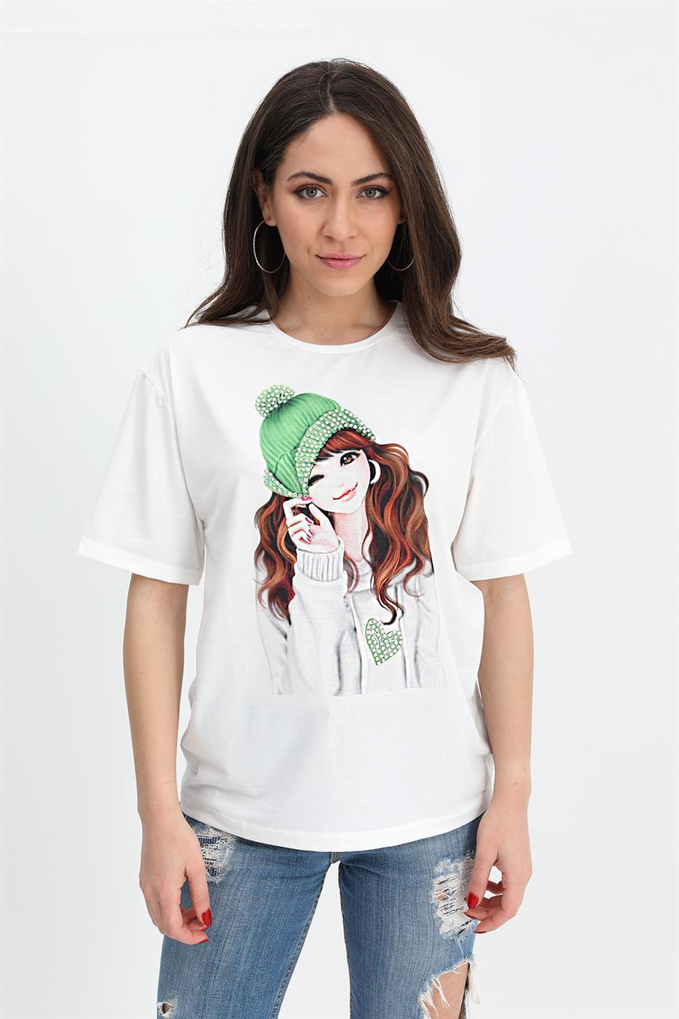 Women's T-shirt Girl Printed Stone Embroidered - Green - STREETMODE ™