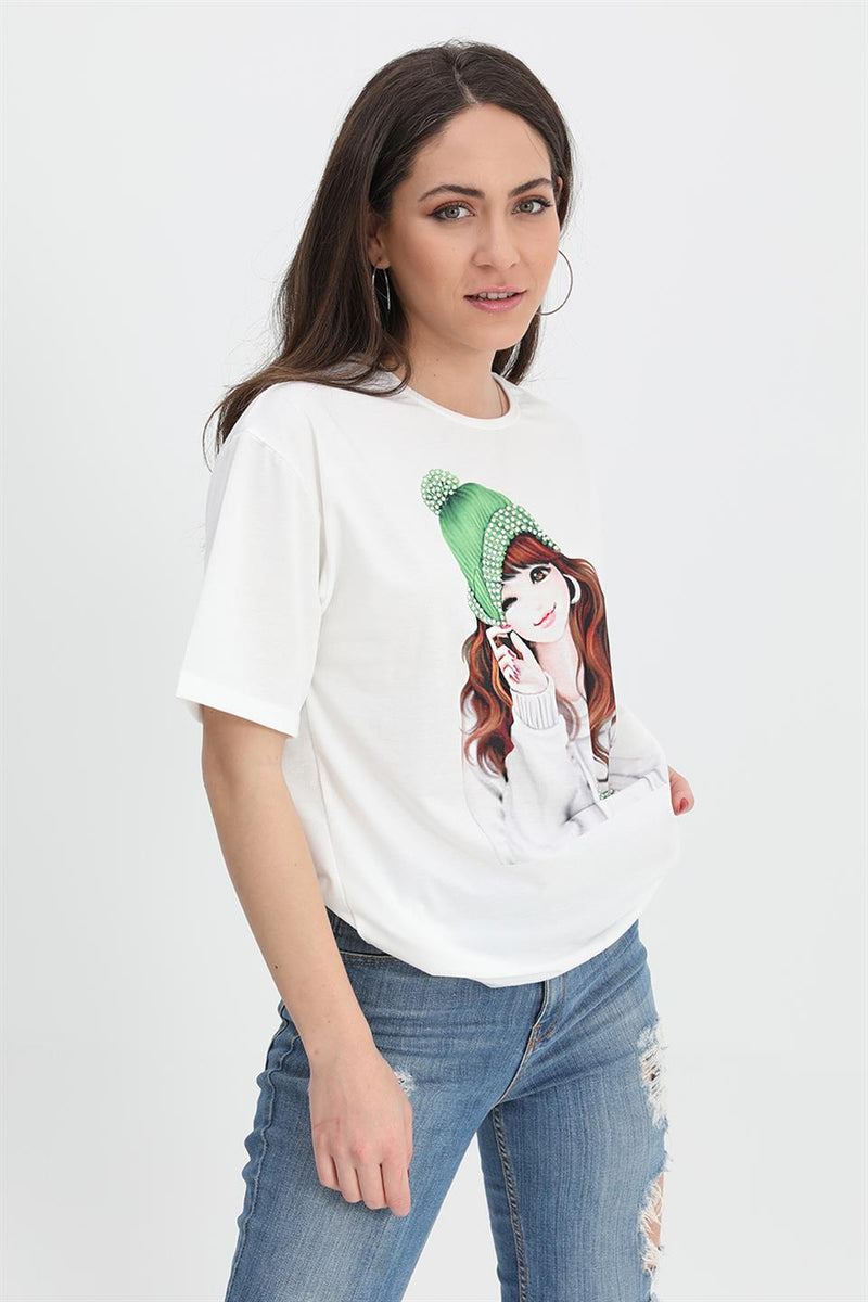 Women's T-shirt Girl Printed Stone Embroidered - Green - STREET MODE ™