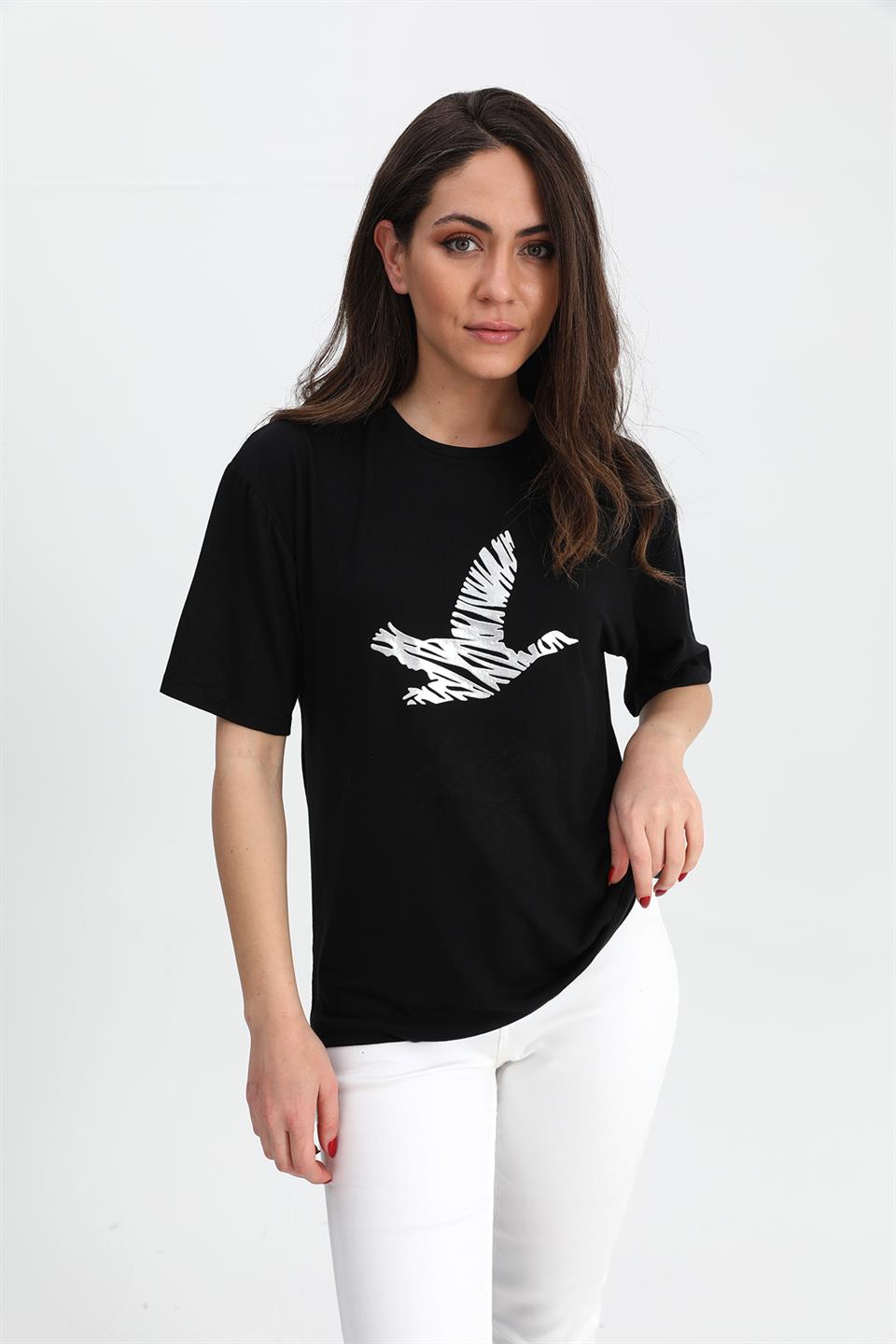 Women's T-shirt Bird Print Crew Neck - Black - STREET MODE ™