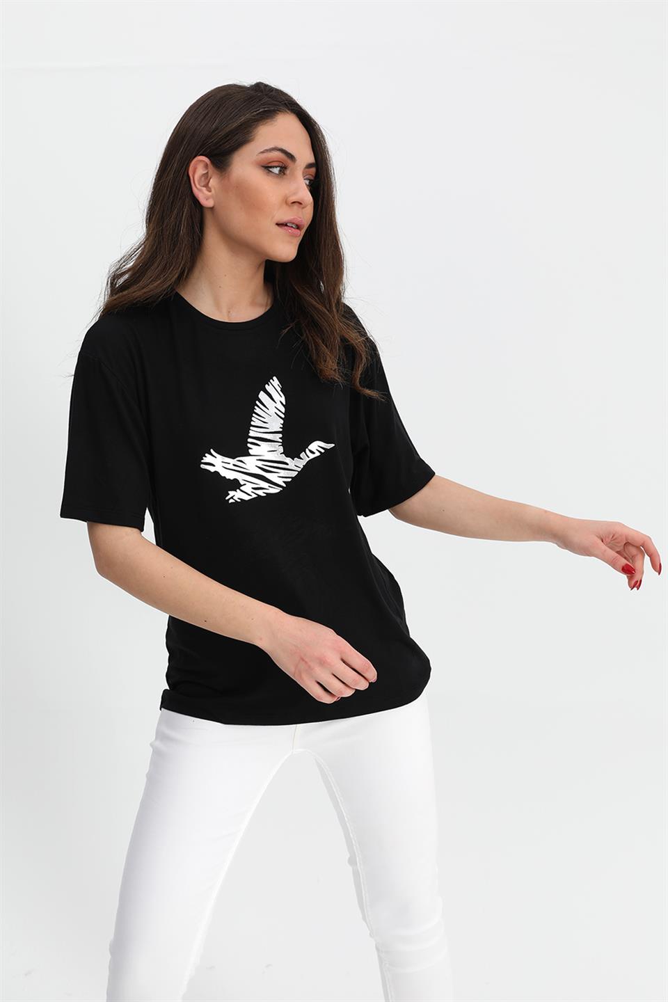 Women's T-shirt Bird Print Crew Neck - Black - STREET MODE ™