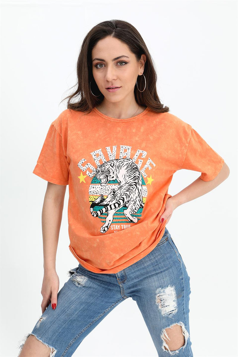 Women's T-shirt Washed Fabric Crew Neck - Orange - STREETMODE ™