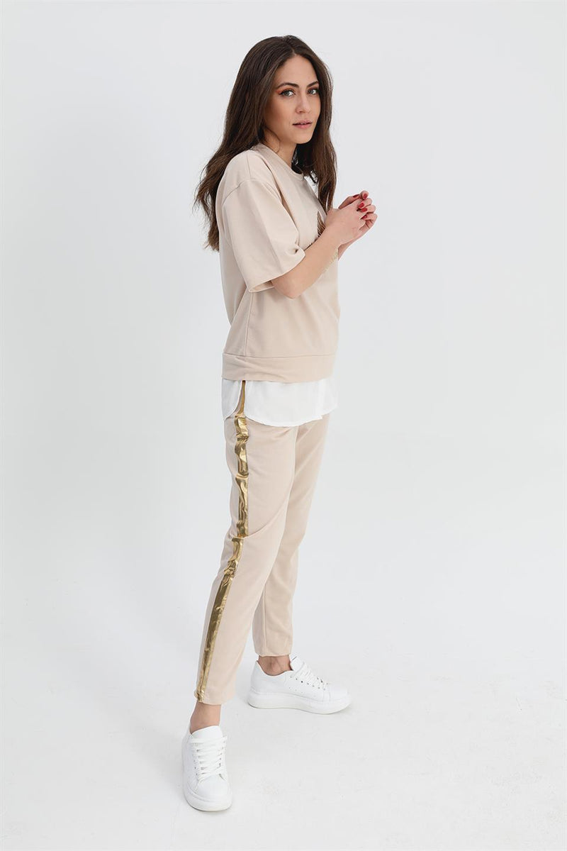 Women's Suit Skirt Grass Bird Printed Elastic Waist T-shirt Trousers - Beige - STREETMODE ™