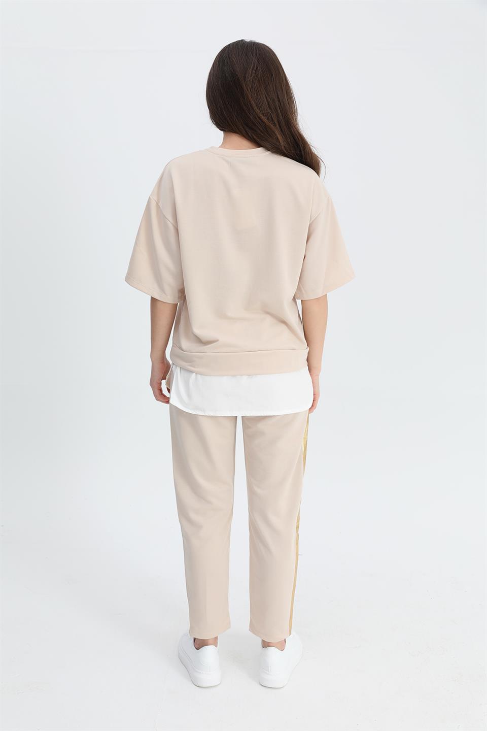 Women's Suit Skirt Grass Bird Printed Elastic Waist T-shirt Trousers - Beige - STREETMODE ™
