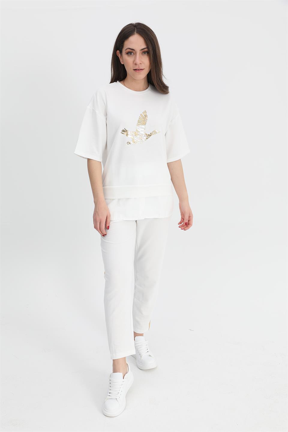 Women's Suit Skirt Grass Bird Printed T-shirt with Elastic Waist Trousers - Ecru - STREETMODE ™